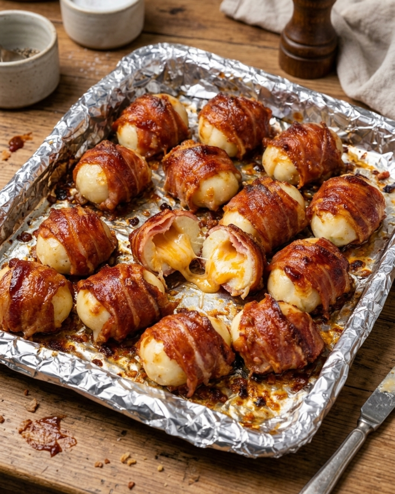 bacon wrapped cheddar bombs with melted cheese pull