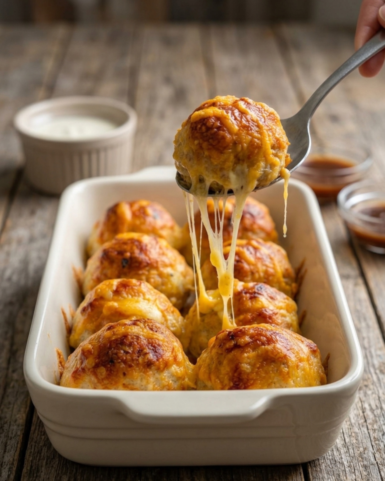 spoon lifting cheesy baked meatball with long melted cheese stretch dripping into ceramic baking dish