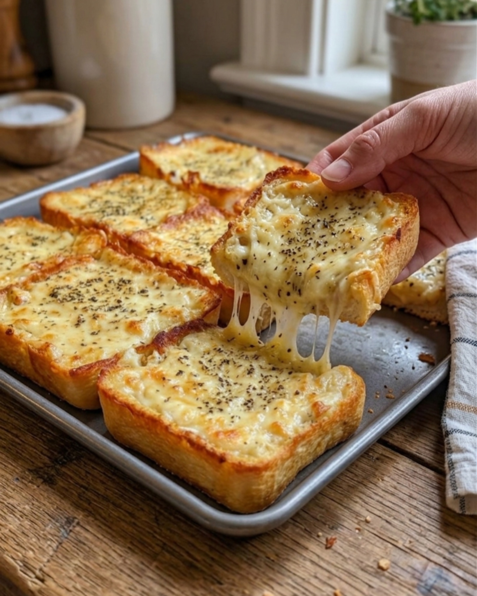 cheesy garlic bread slices baked on tray