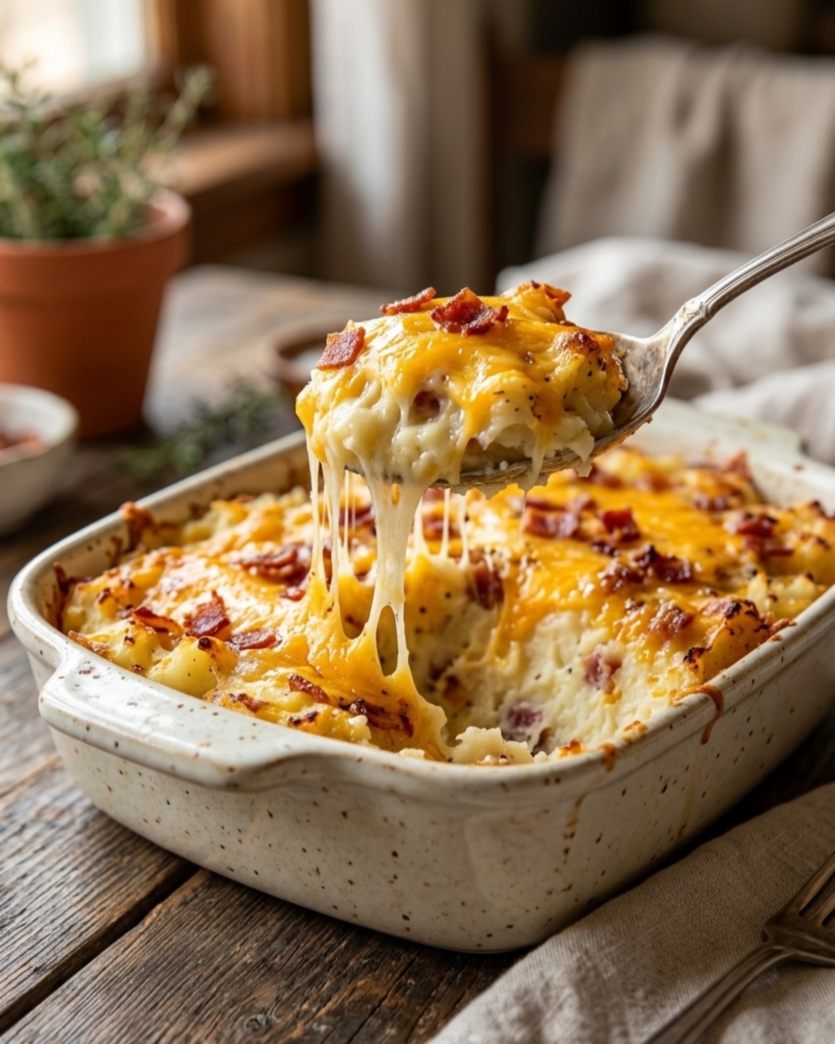 cheesy mashed potato casserole with bacon and melted cheese stretch on spoon
