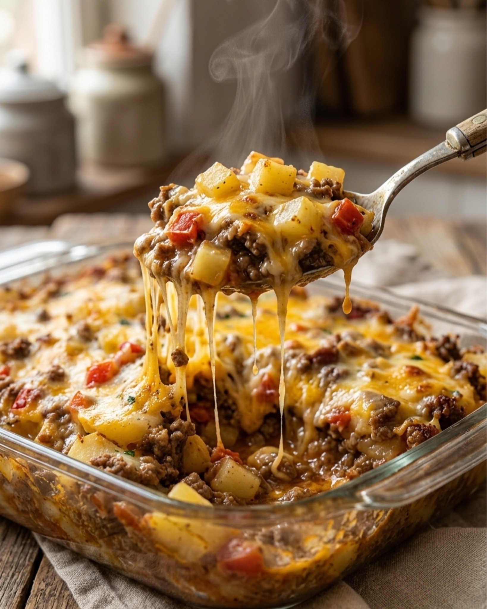 cheesy potato and ground beef casserole with melted cheese being lifted