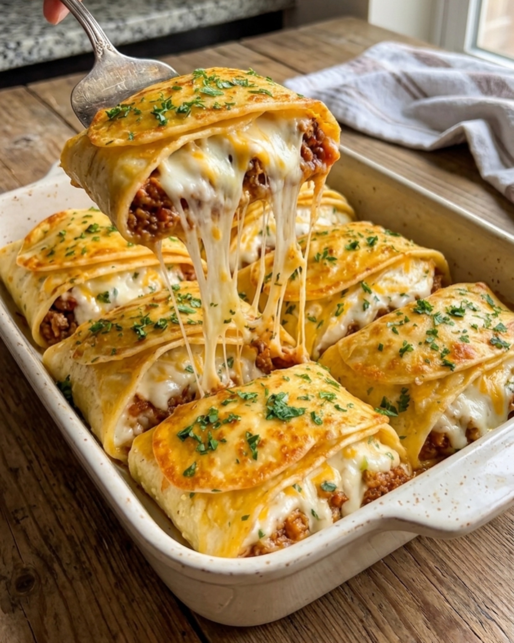 cheesy stuffed baked tortillas with melted cheese being lifted in a real home kitchen with natural light
