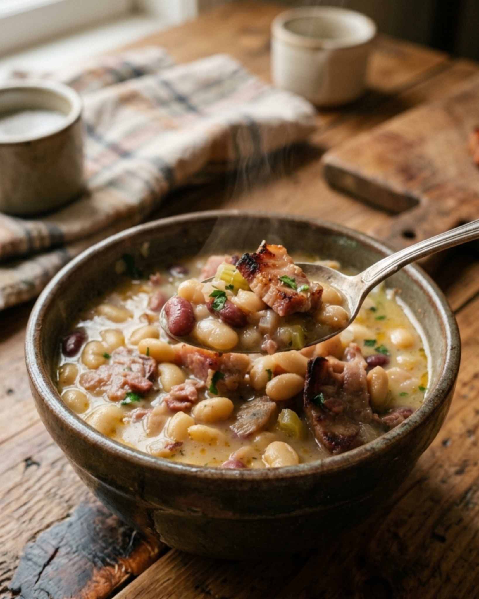 creamy bean soup with bacon in rustic bowl