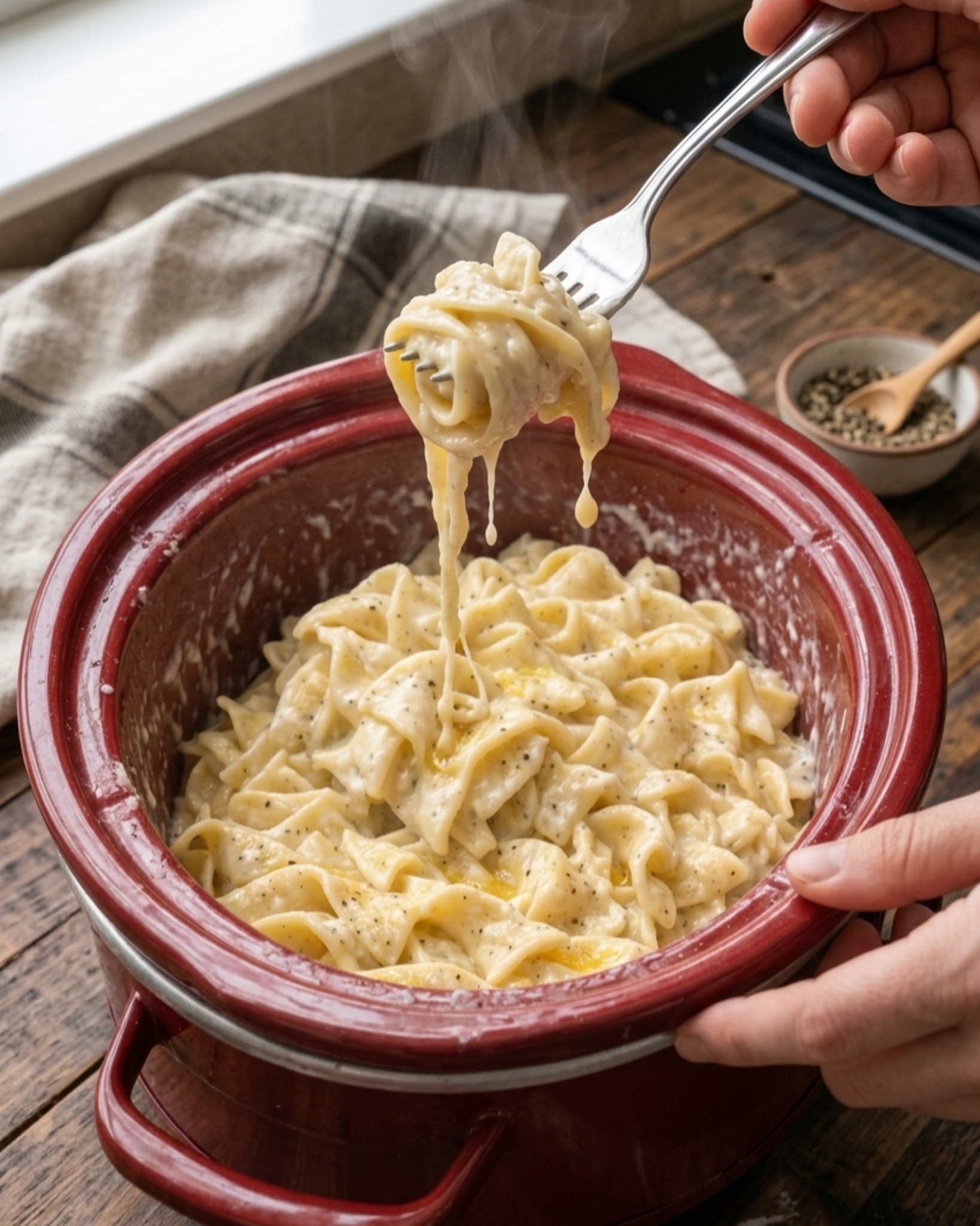 fork lifting creamy noodles with sauce stretch and drip in rustic kitchen