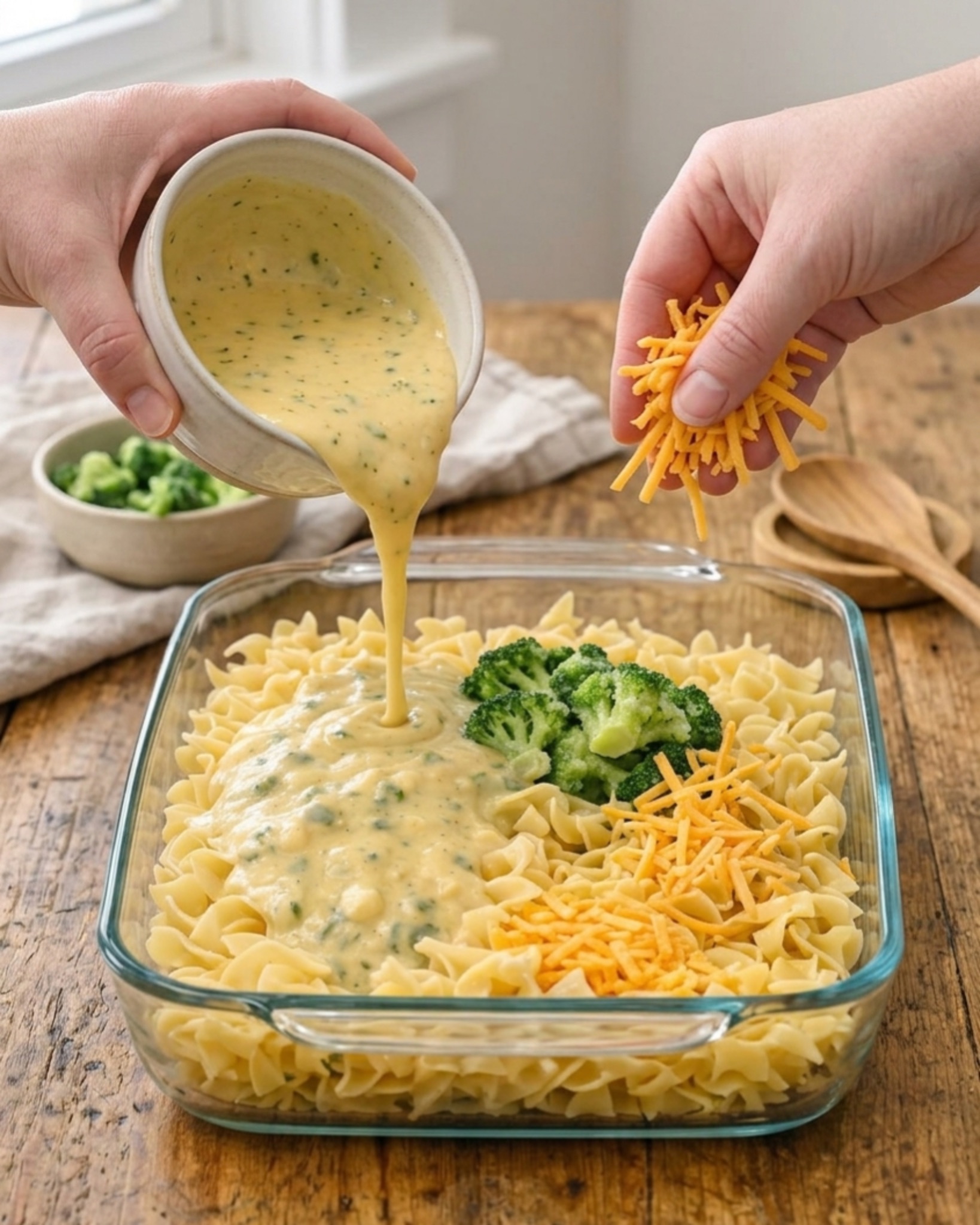 pouring creamy sauce over noodles with broccoli and cheese in glass baking dish