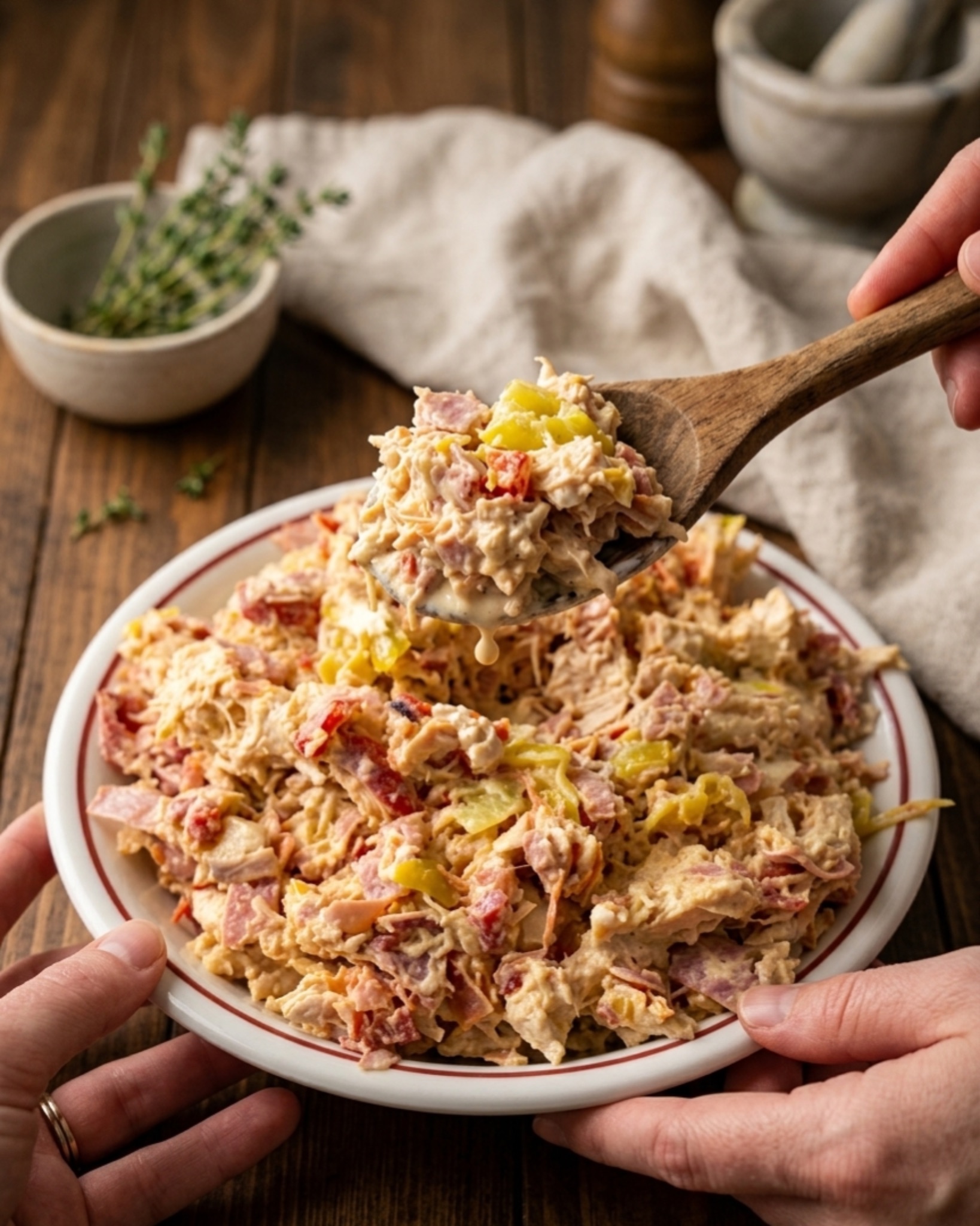 hand holding spoon lifting creamy chicken salad with dressing drip in rustic kitchen