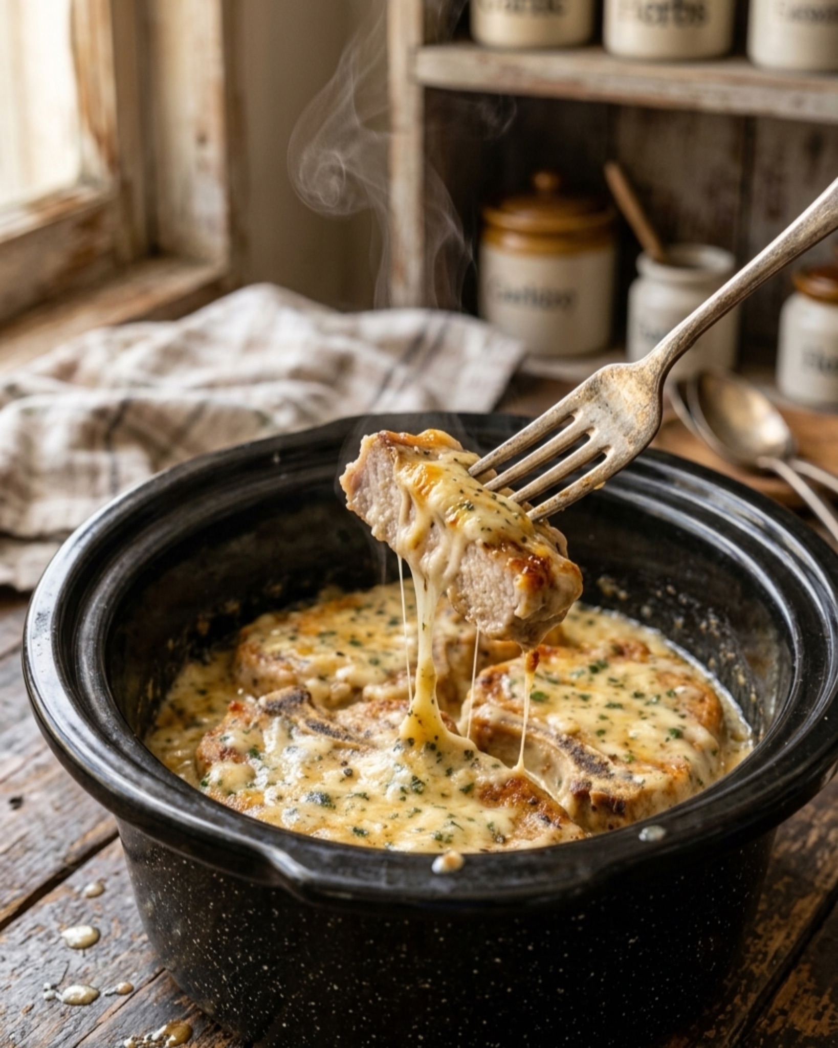 creamy garlic pork chops slow cooker with melted cheese and herbs