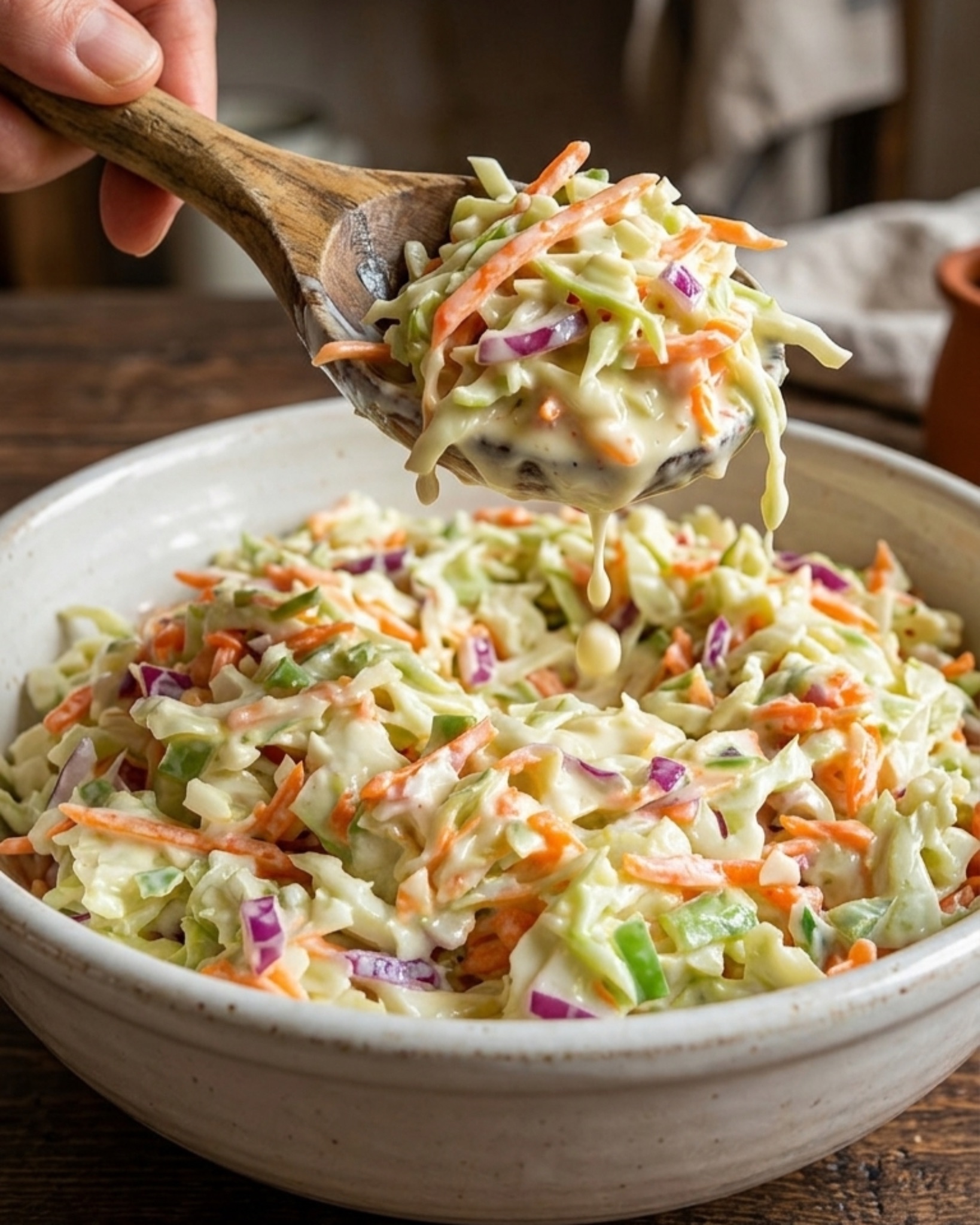wooden spoon lifting creamy coleslaw with cabbage carrots and dressing dripping into bowl