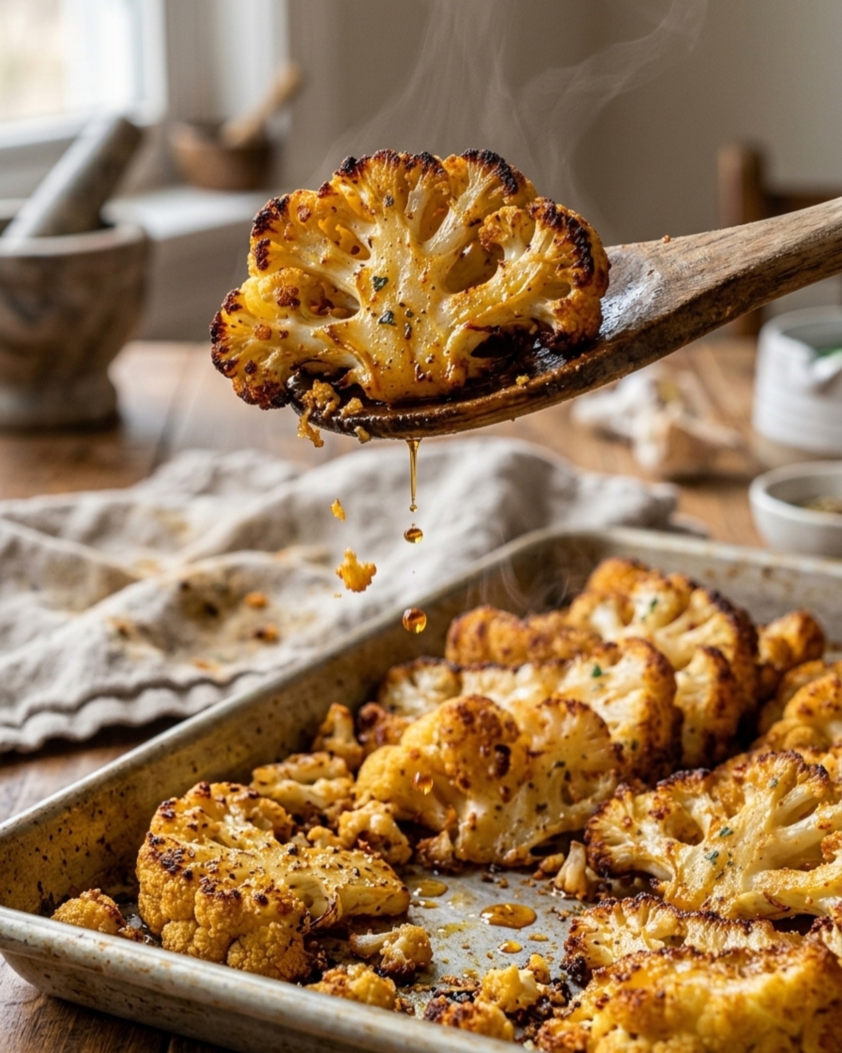 crispy roasted cauliflower lifted with wooden spoon with oil dripping and crumbs