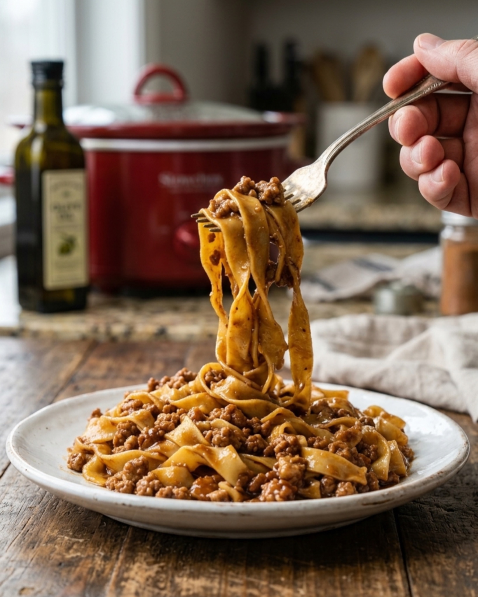 crockpot beef and noodles served on a plate with fork lifting noodles in a real home kitchen