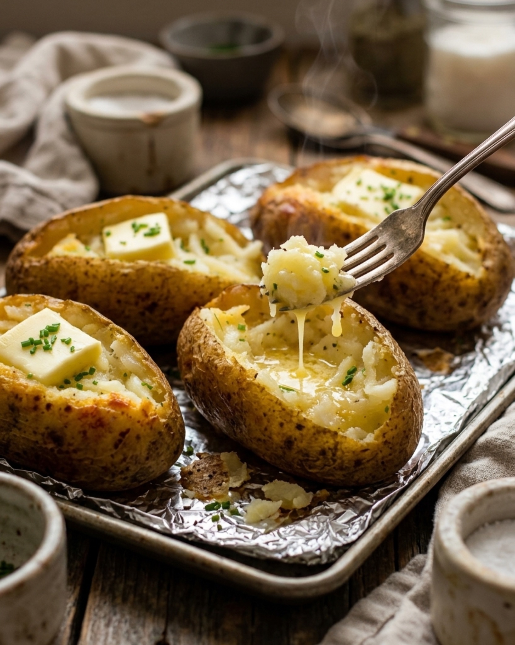 fluffy baked potatoes with melted butter and herbs close up