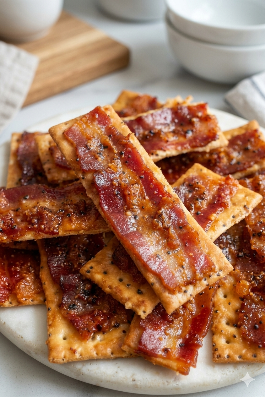 Close-up of sweet and crispy candied bacon crackers with caramelized glaze on a white plate