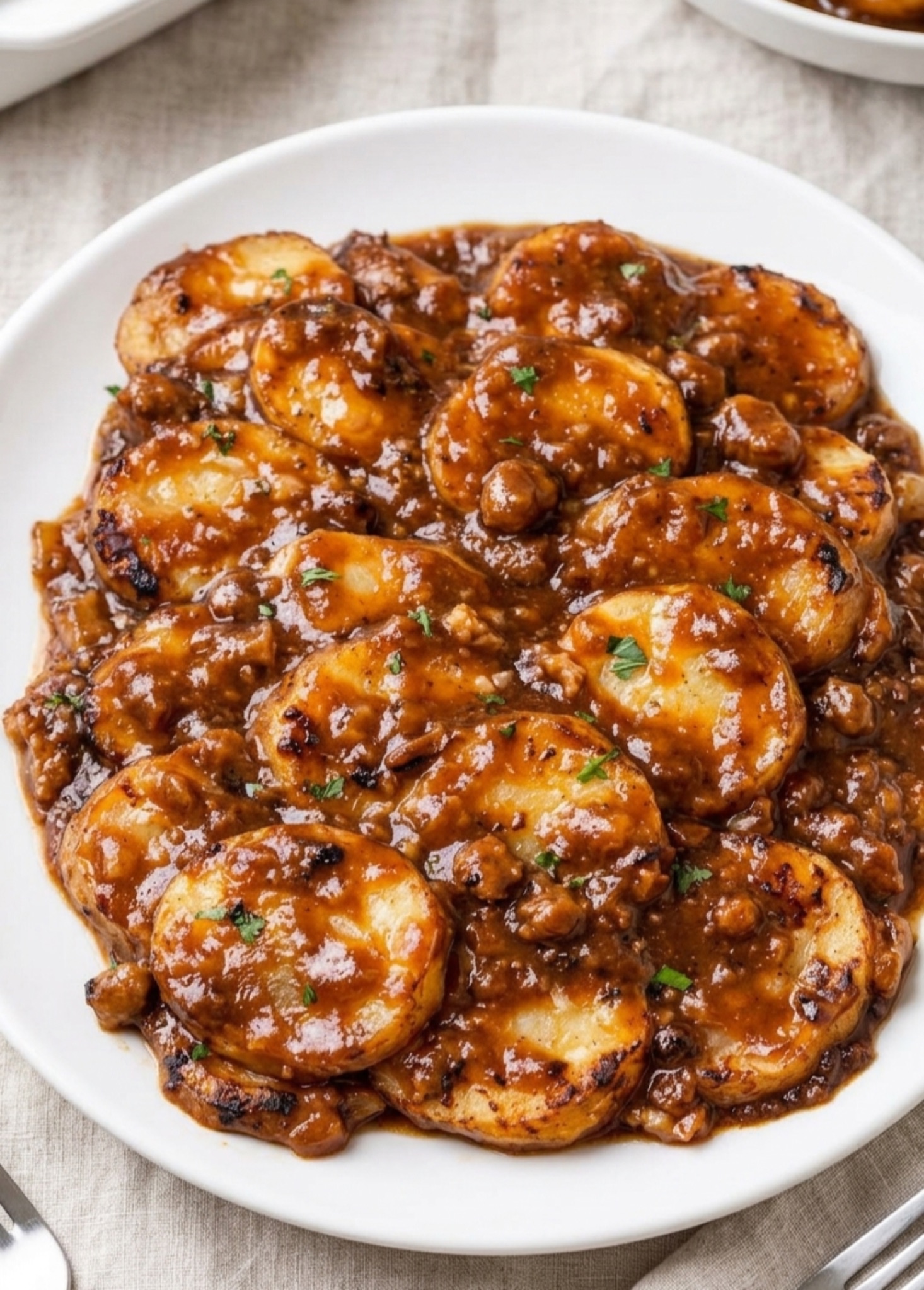 sliced potatoes with brown gravy on white plate