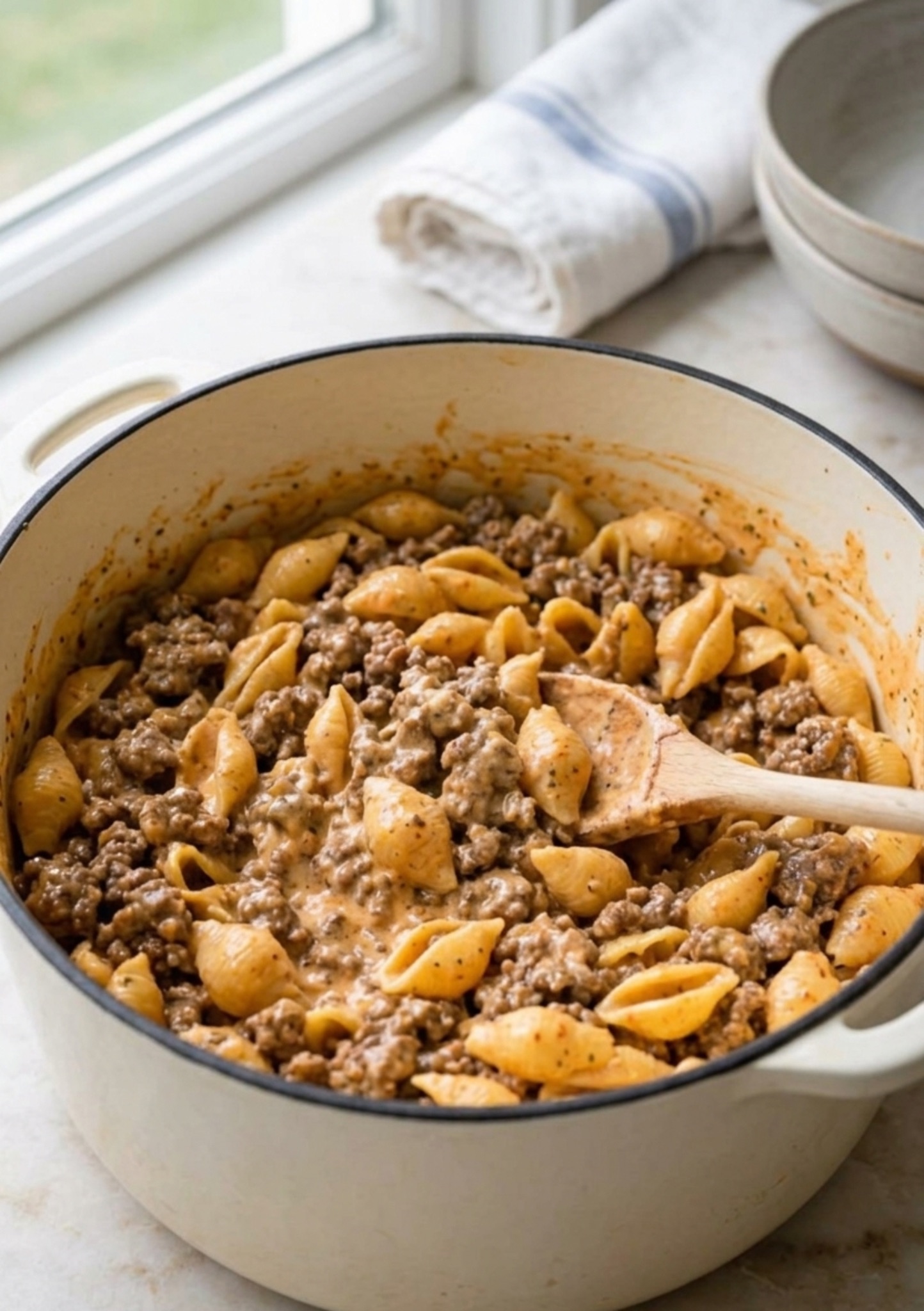 creamy beef and shell pasta cooking in a pot