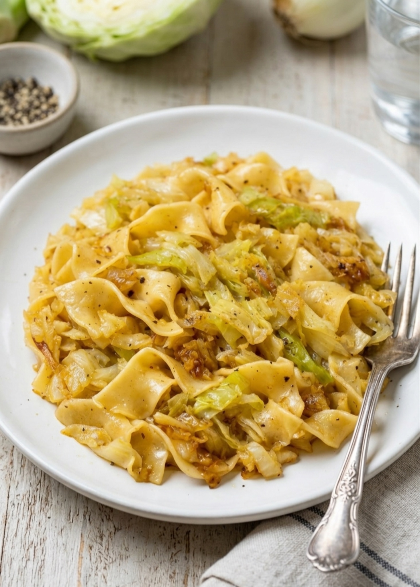 buttery cabbage and noodles on white plate