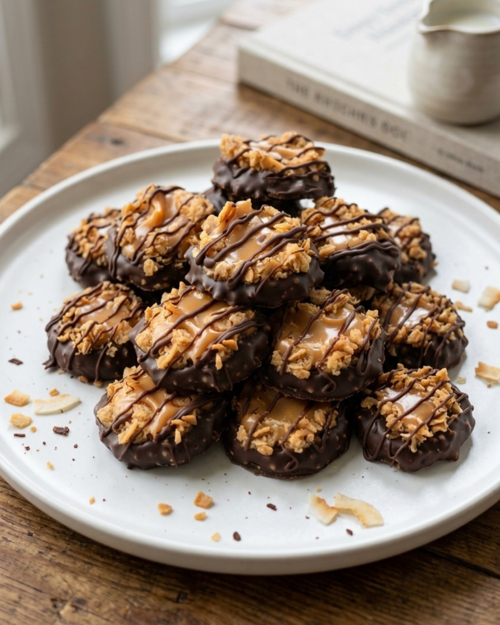 no bake samoa cookies with chocolate and caramel on plate