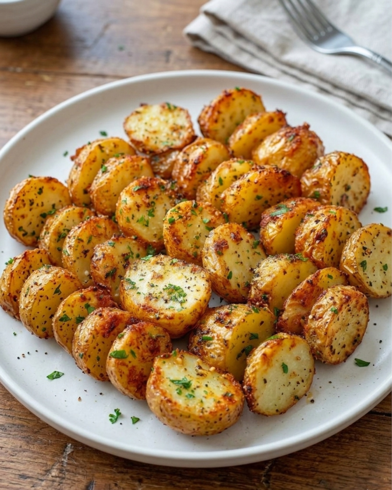 crispy air fryer sliced potatoes on a white plate