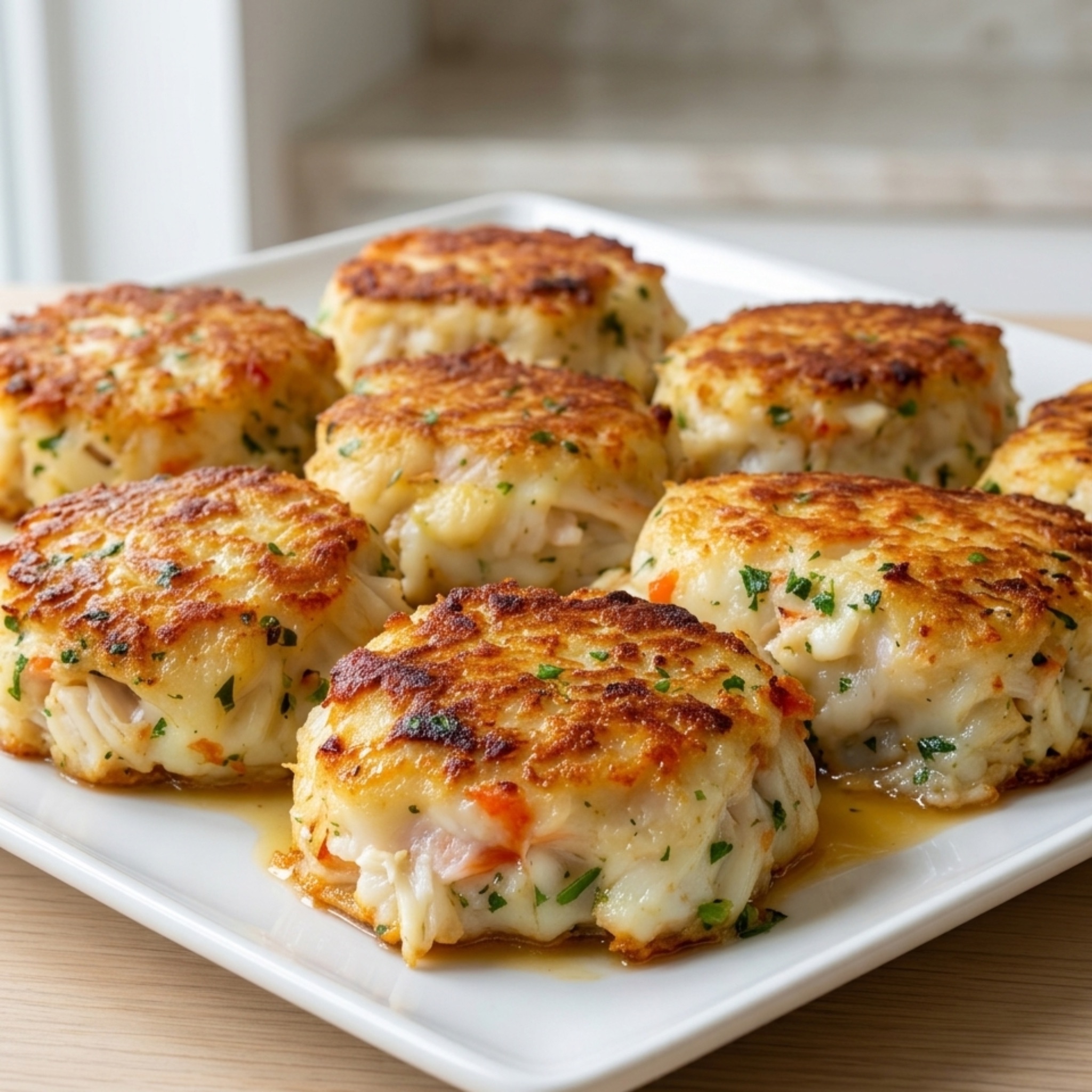 golden crispy crab cakes on a white plate