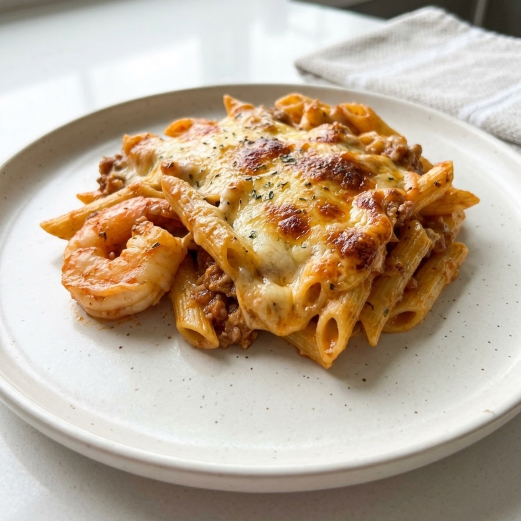juicy meatballs with noodles and rich sauce on a white plate