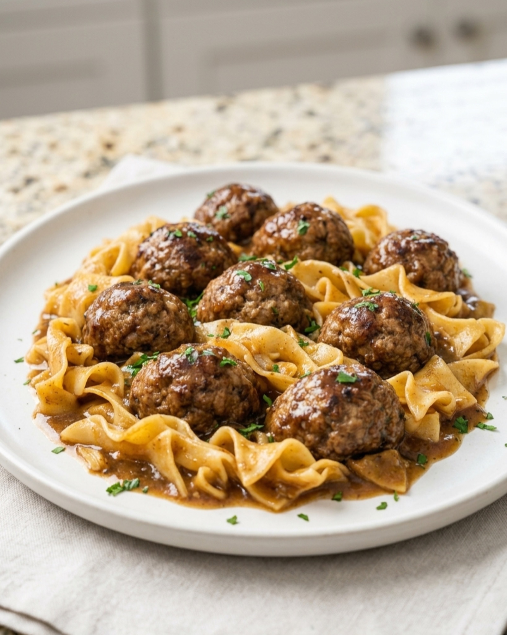 juicy meatballs with noodles and rich sauce on a white plate