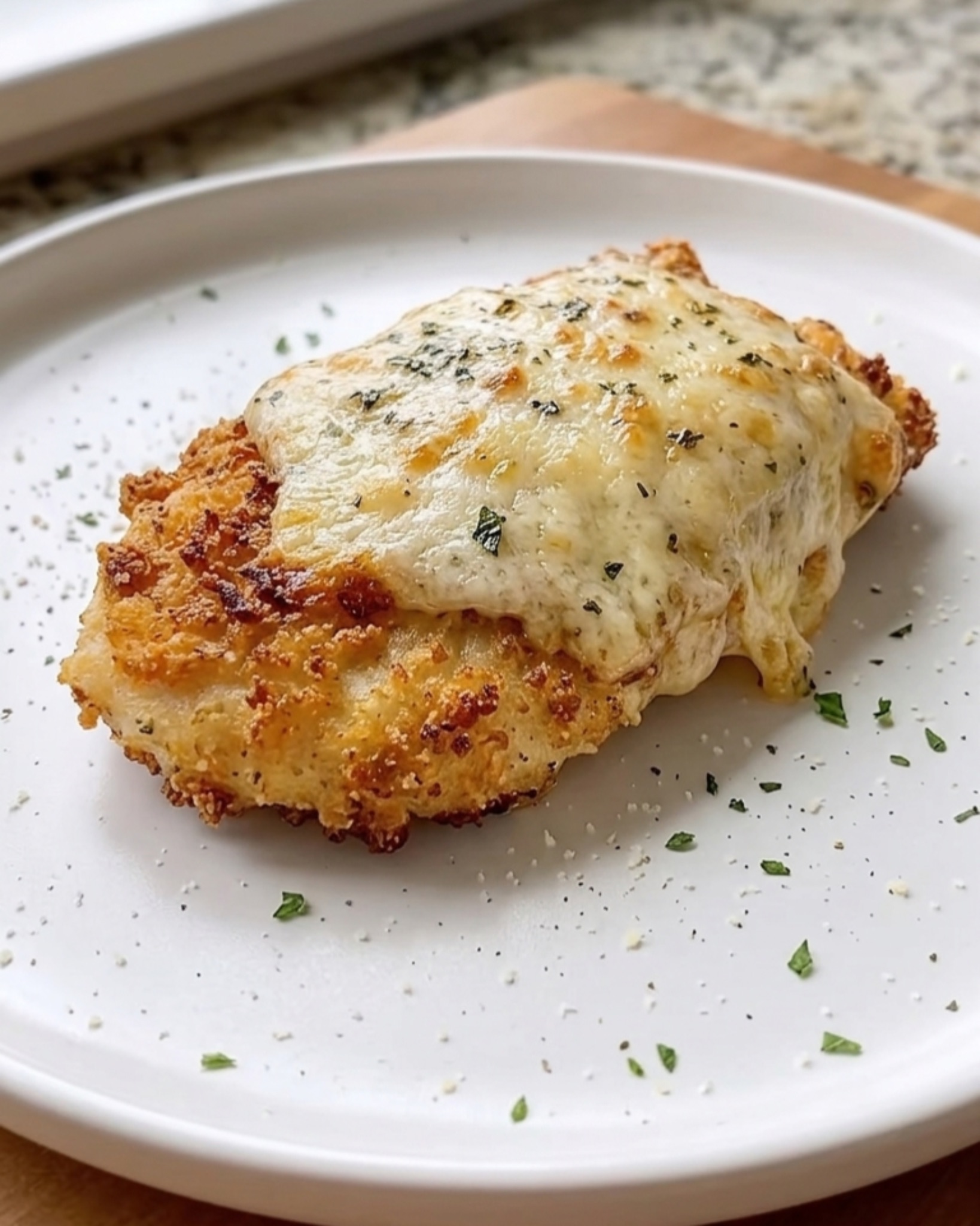Crispy garlic parmesan chicken breast with melted cheese served on a white plate
