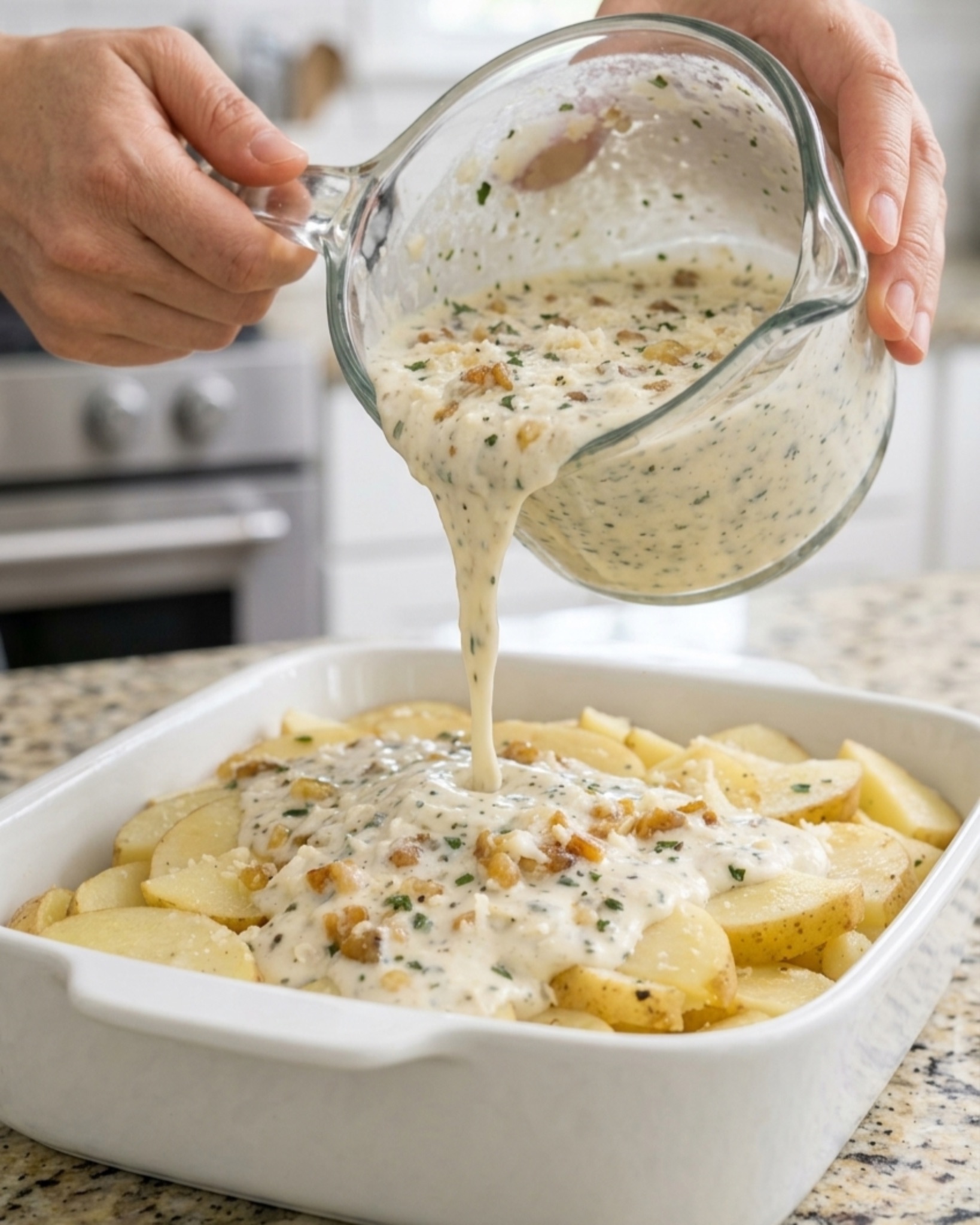Creamy scalloped potatoes with garlic sauce being poured over sliced potatoes in a white baking dish