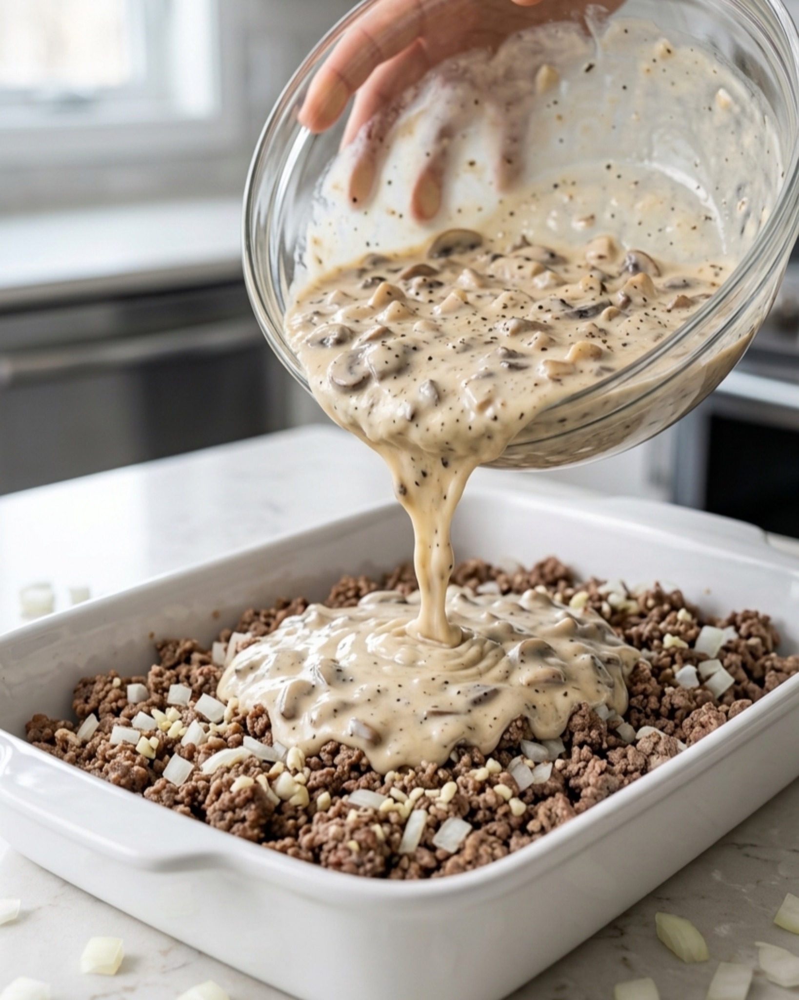 Creamy mushroom sauce poured over ground beef in a ceramic baking dish for hamburger mushroom bake
