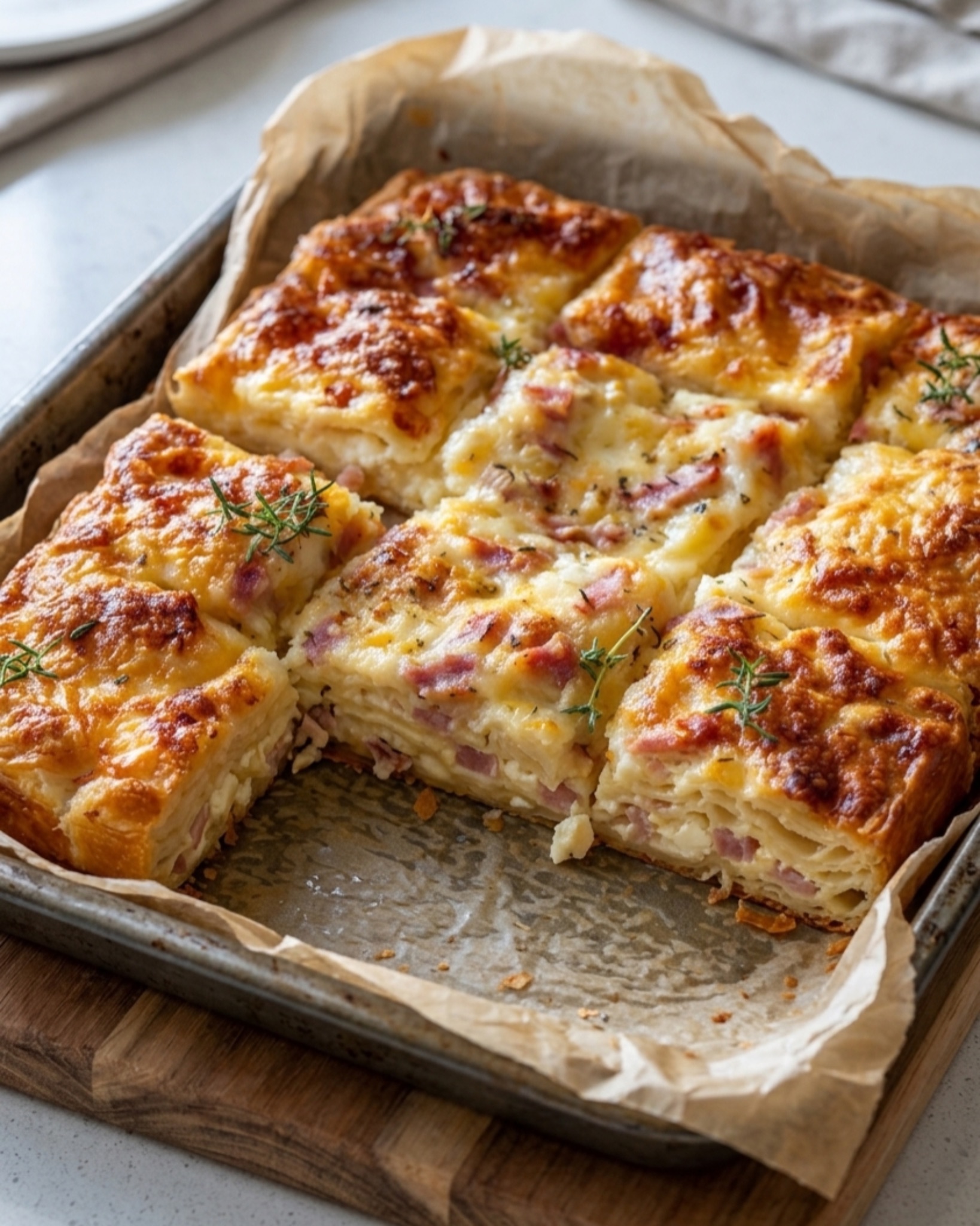Sliced Greek ham and cheese pie baked golden in a tray with visible layers