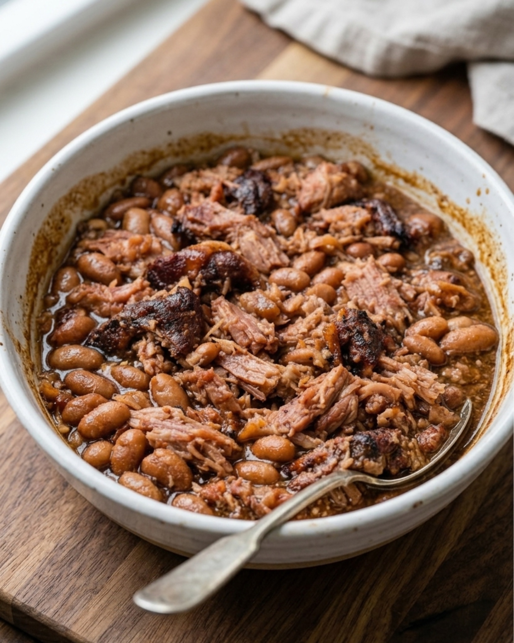 Slow cooker pulled pork with beans in a rich sauce inside a crockpot