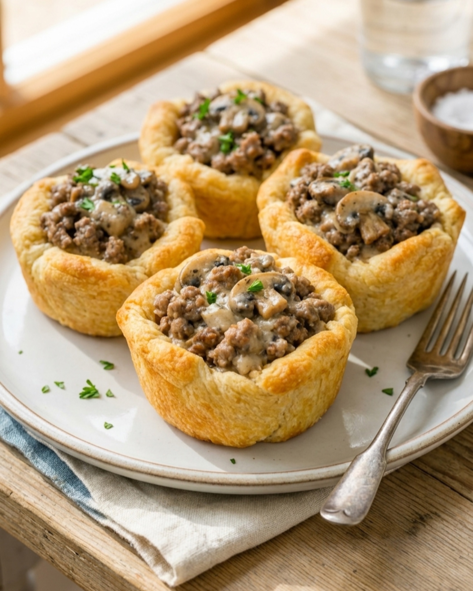 Close-up of beef and mushroom biscuit cups centered on a plate