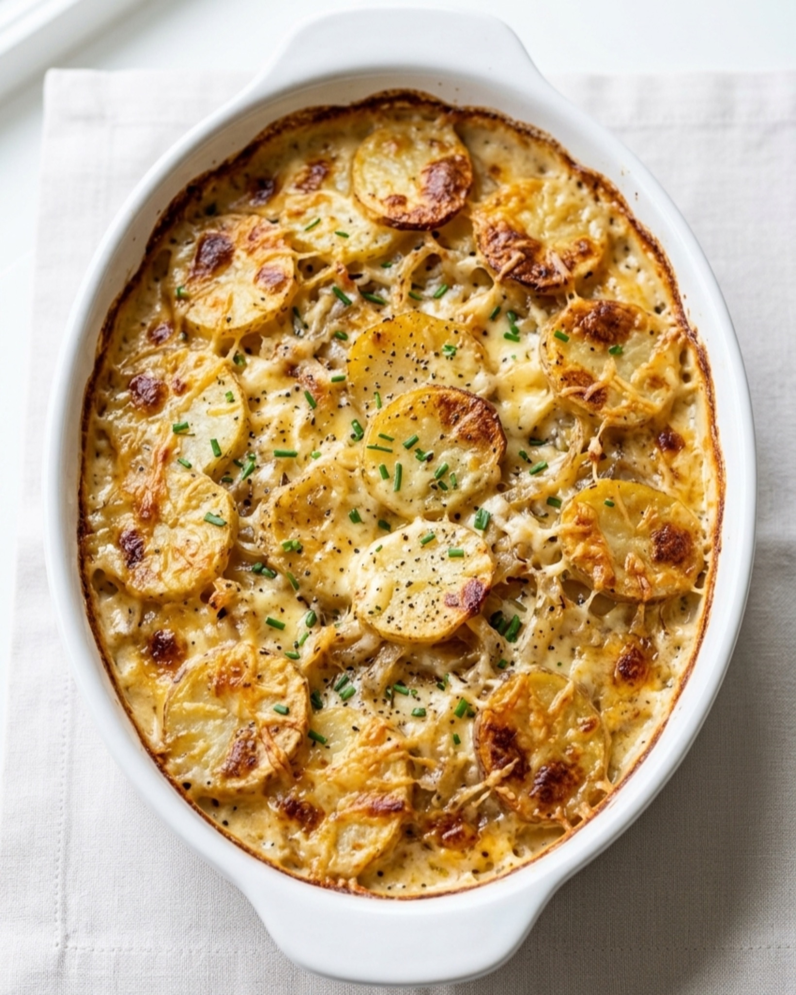 Cheesy scalloped potatoes in a white baking dish