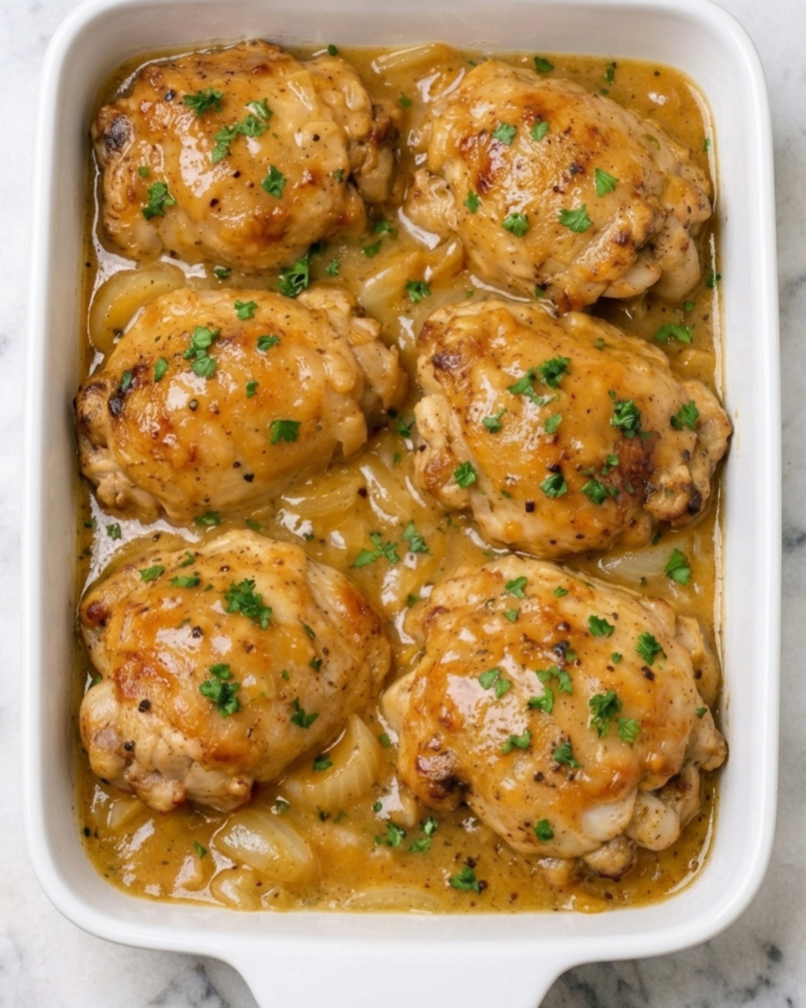 Juicy baked chicken thighs in a white dish