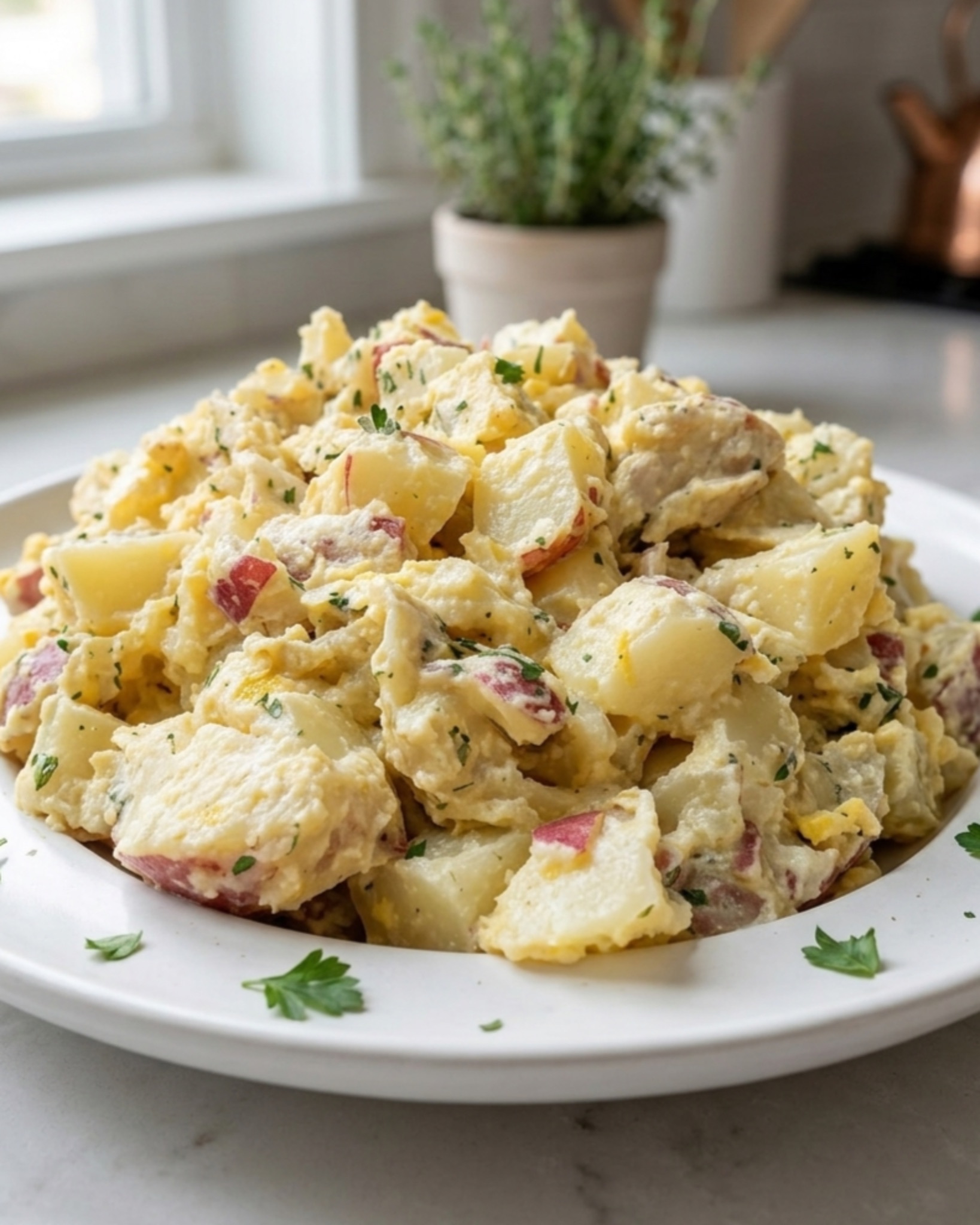 Creamy potato salad with red potatoes on a white plate in a bright kitchen