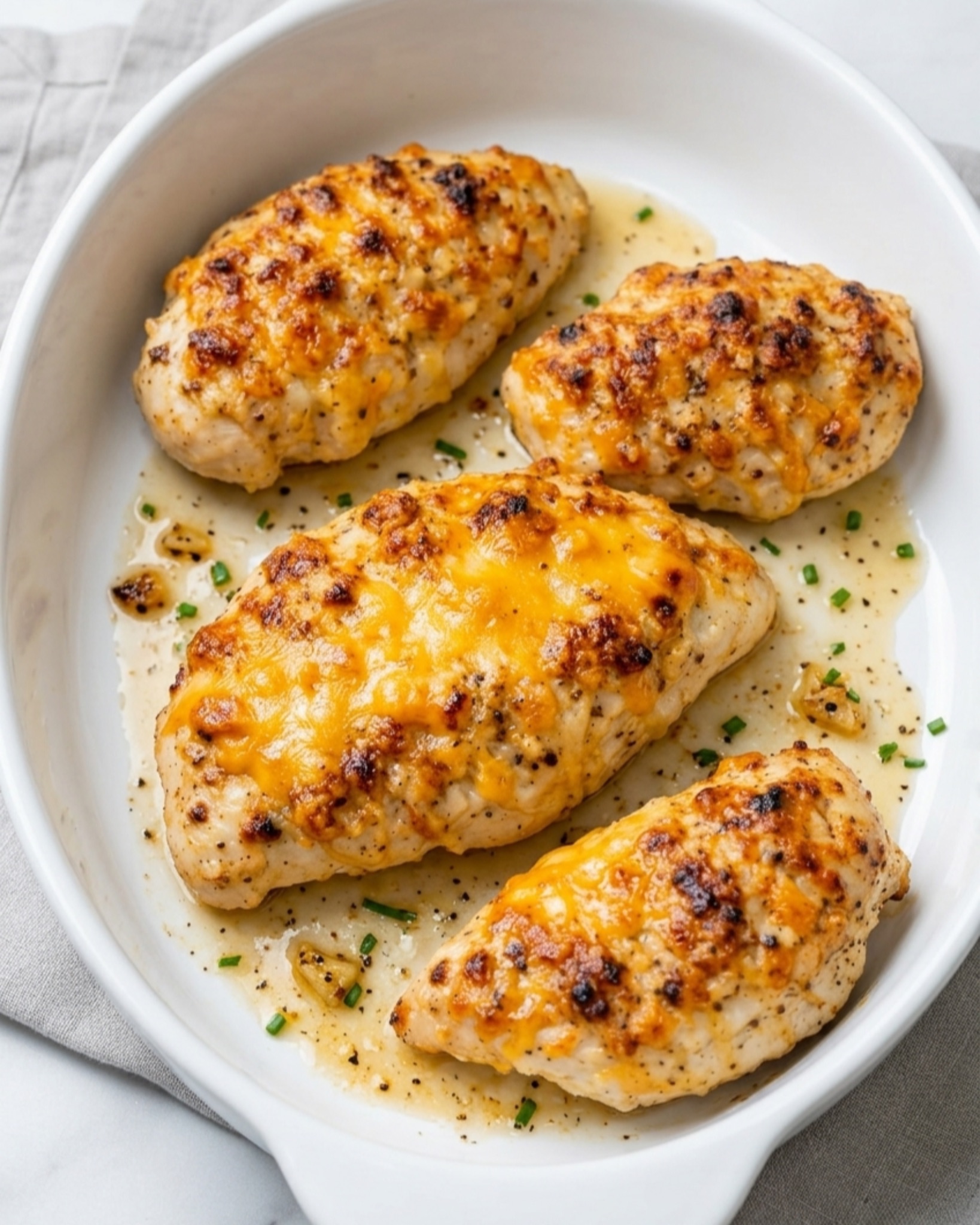 Cheesy baked chicken breast in a white dish