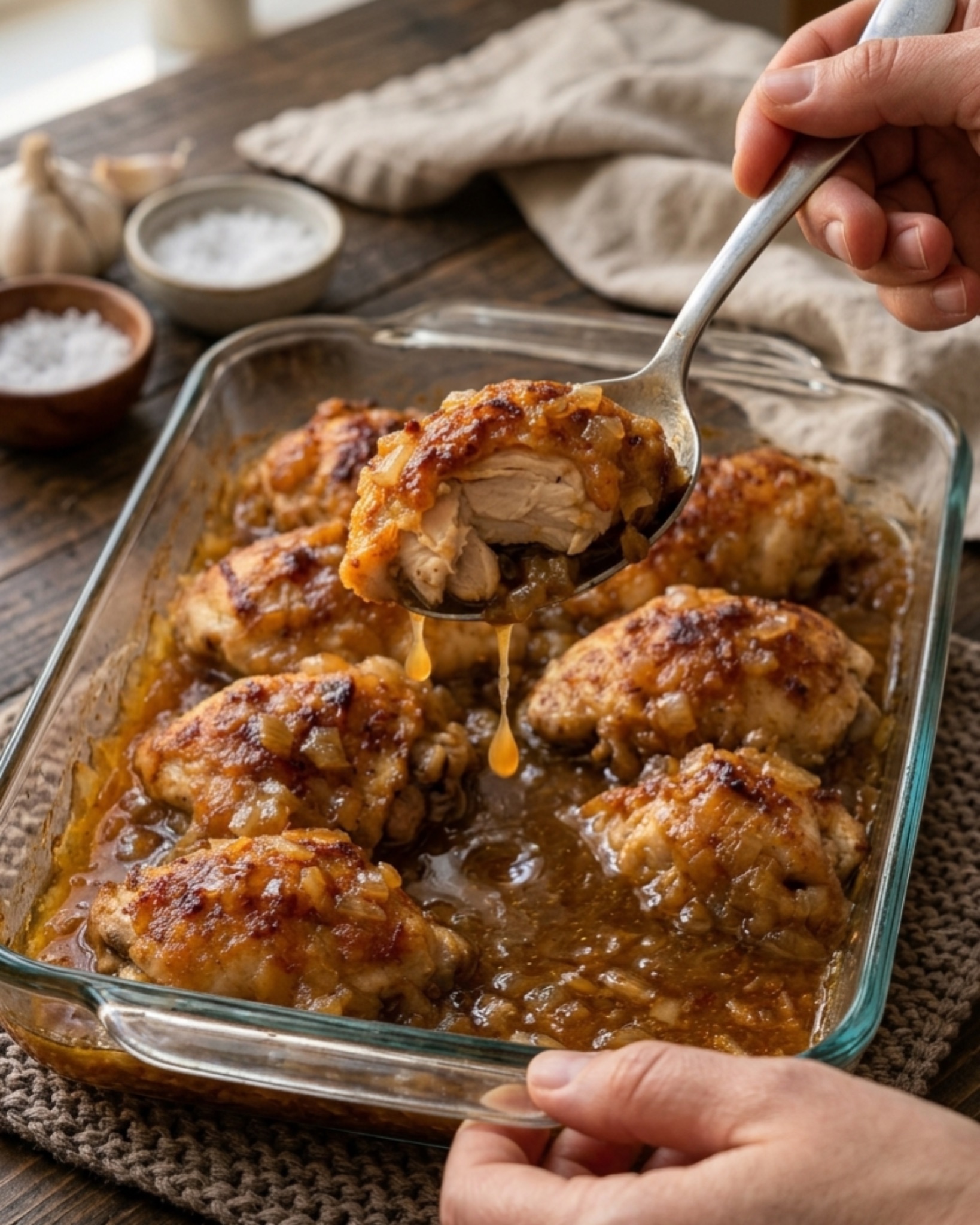 hands holding spoon lifting baked chicken with onion gravy dripping in rustic kitchen