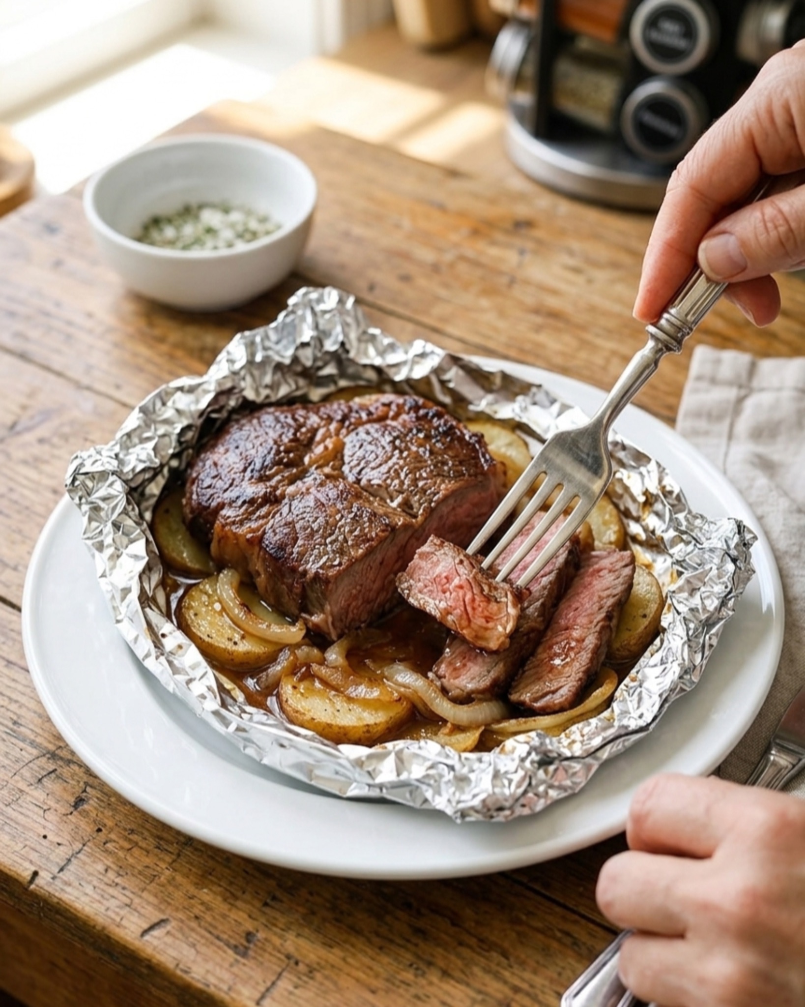 hands adding onions to raw steak and potatoes in foil for slow cooker in a real kitchen