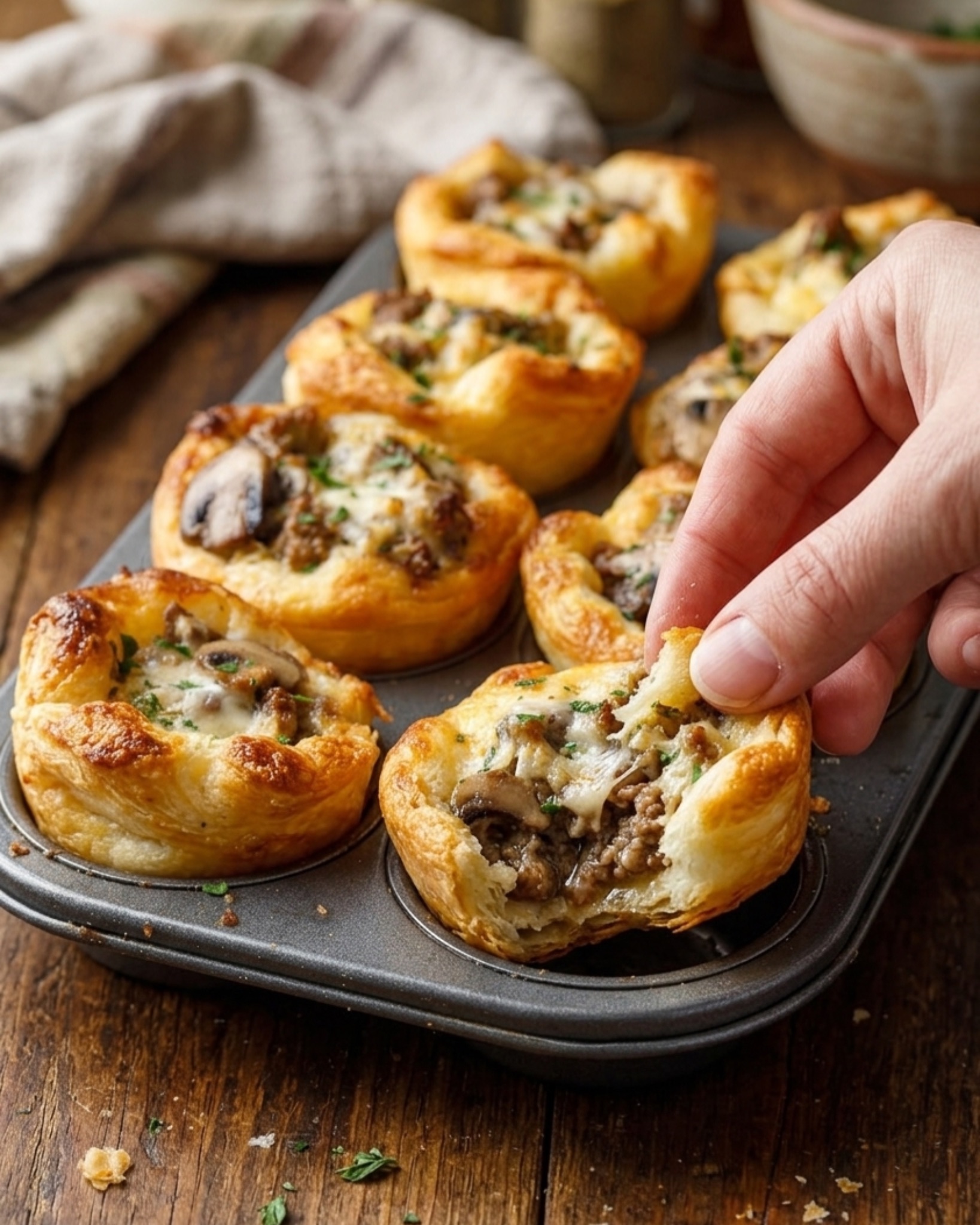 golden baked pastry cups with sausage cheese and mushrooms in a muffin tray in a real kitchen setting