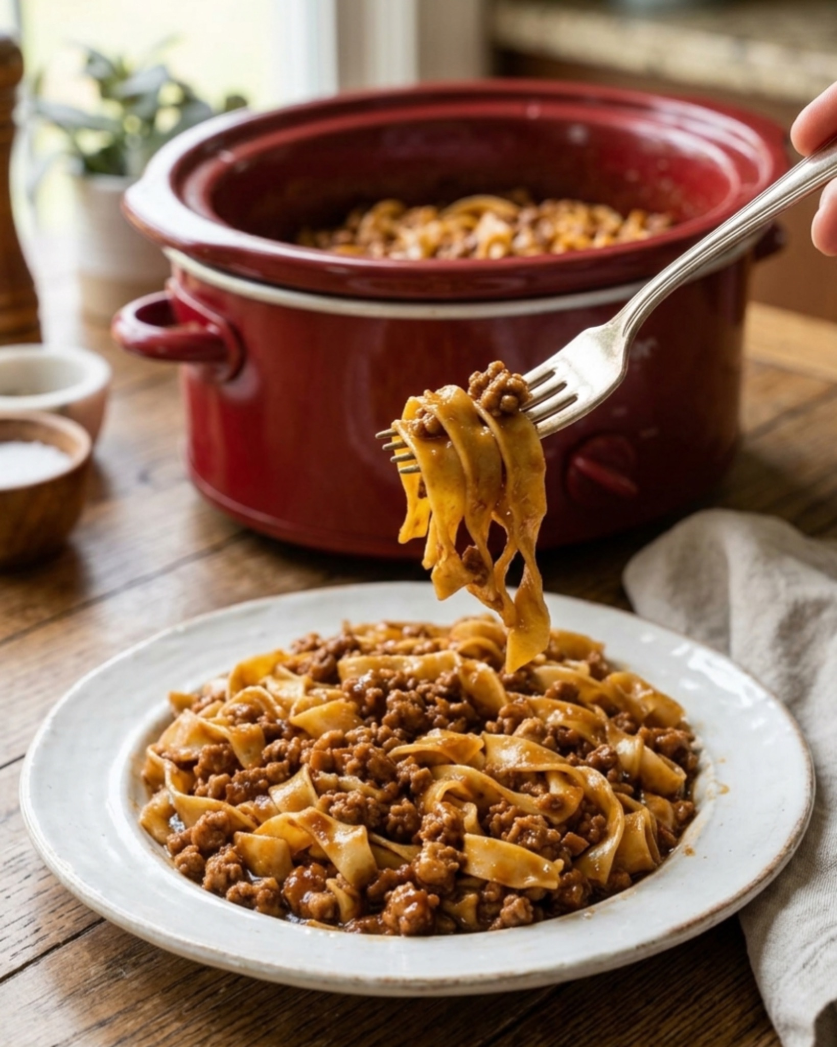 slow cooker beef and noodles served on a plate with fork lifting noodles in a real home kitchen