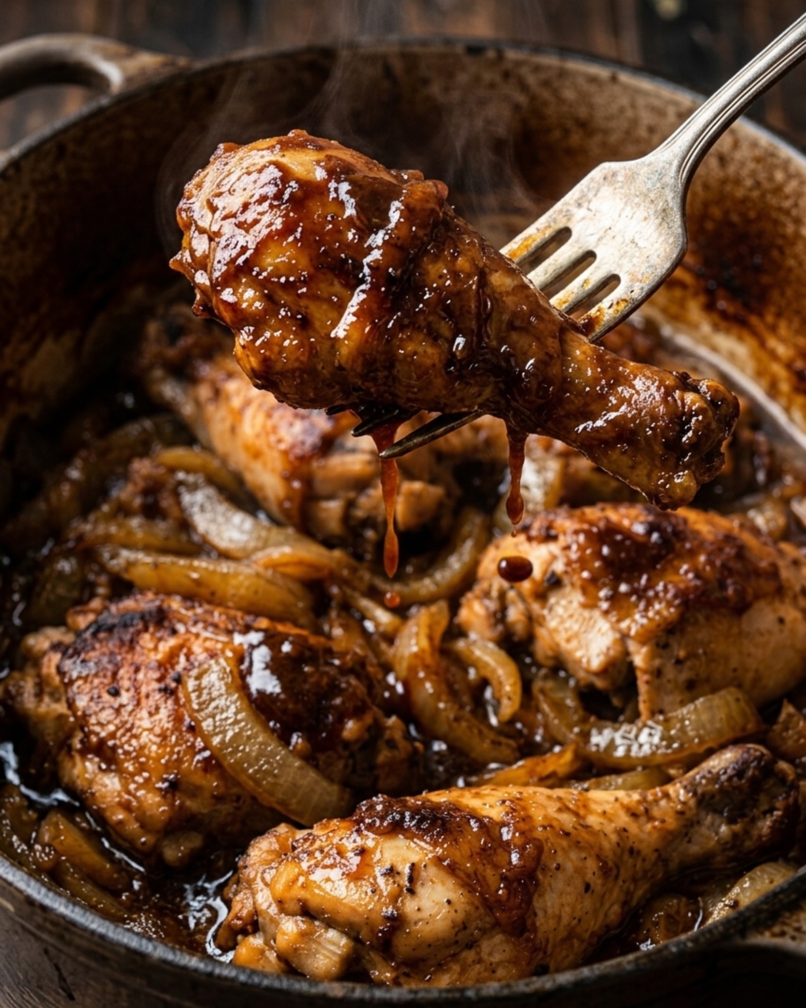 juicy chicken drumstick lifted with fork dripping thick dark sauce over caramelized onions