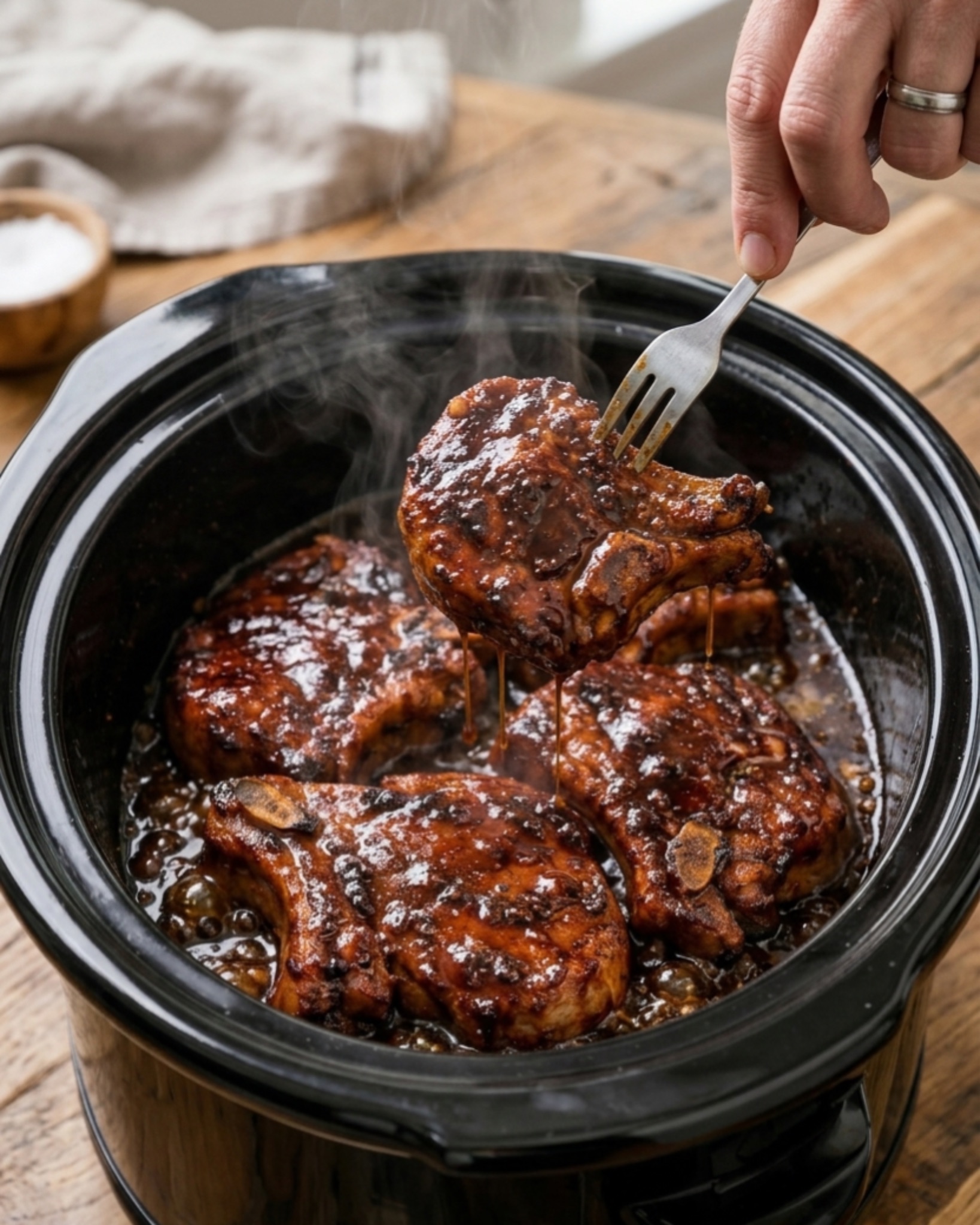 fork lifting glazed pork chop from slow cooker with sauce dripping
