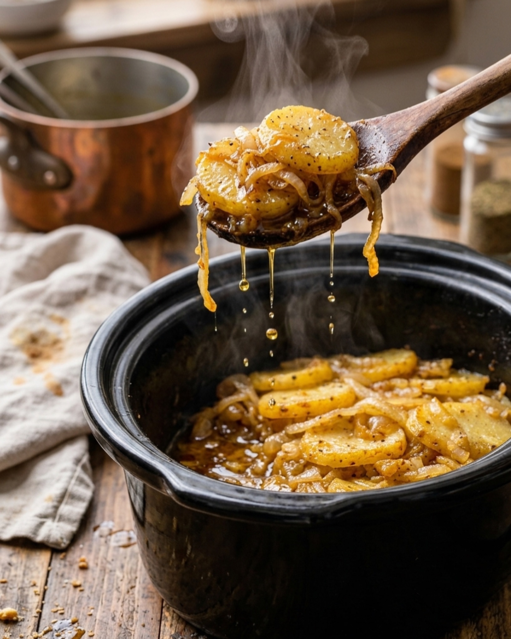 slow cooker potatoes and onions dripping from wooden spoon with steam