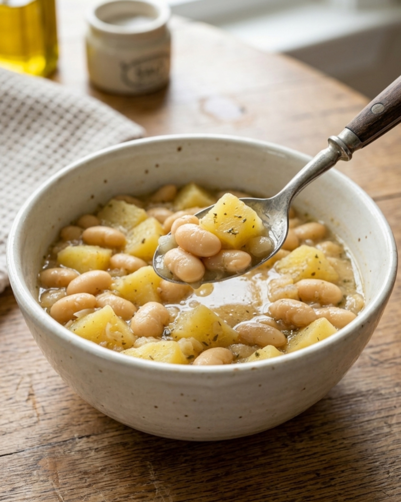 slow cooker white bean and potato stew served in a bowl in a real home kitchen with natural light