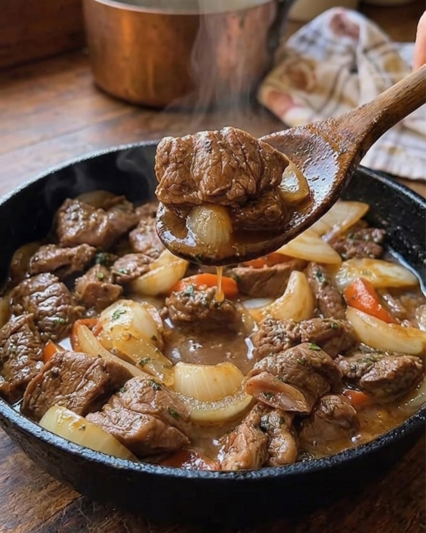 tender beef stir fry with onions and carrots in pan
