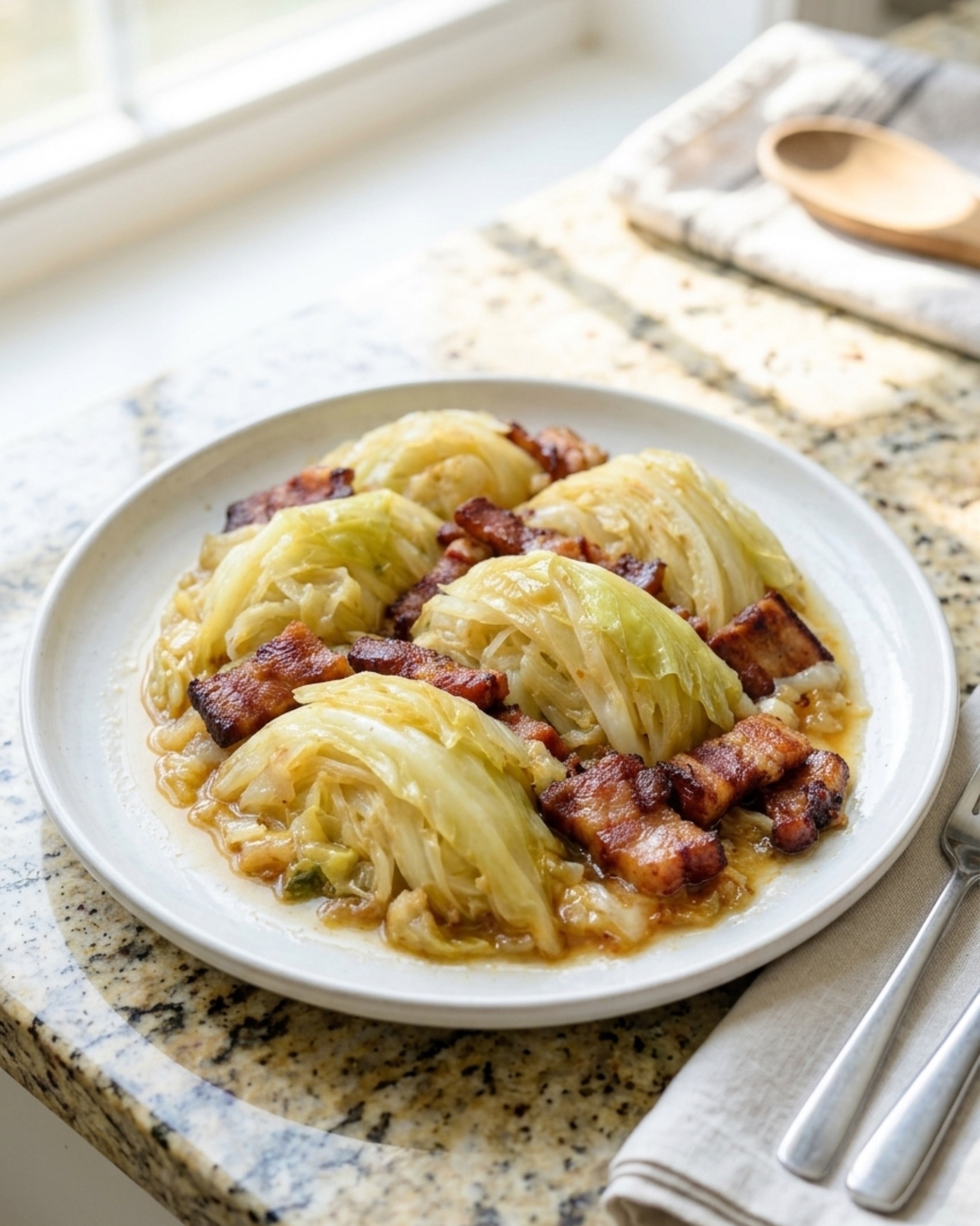 Cooked cabbage wedges with crispy bacon on a white plate in a bright kitchen