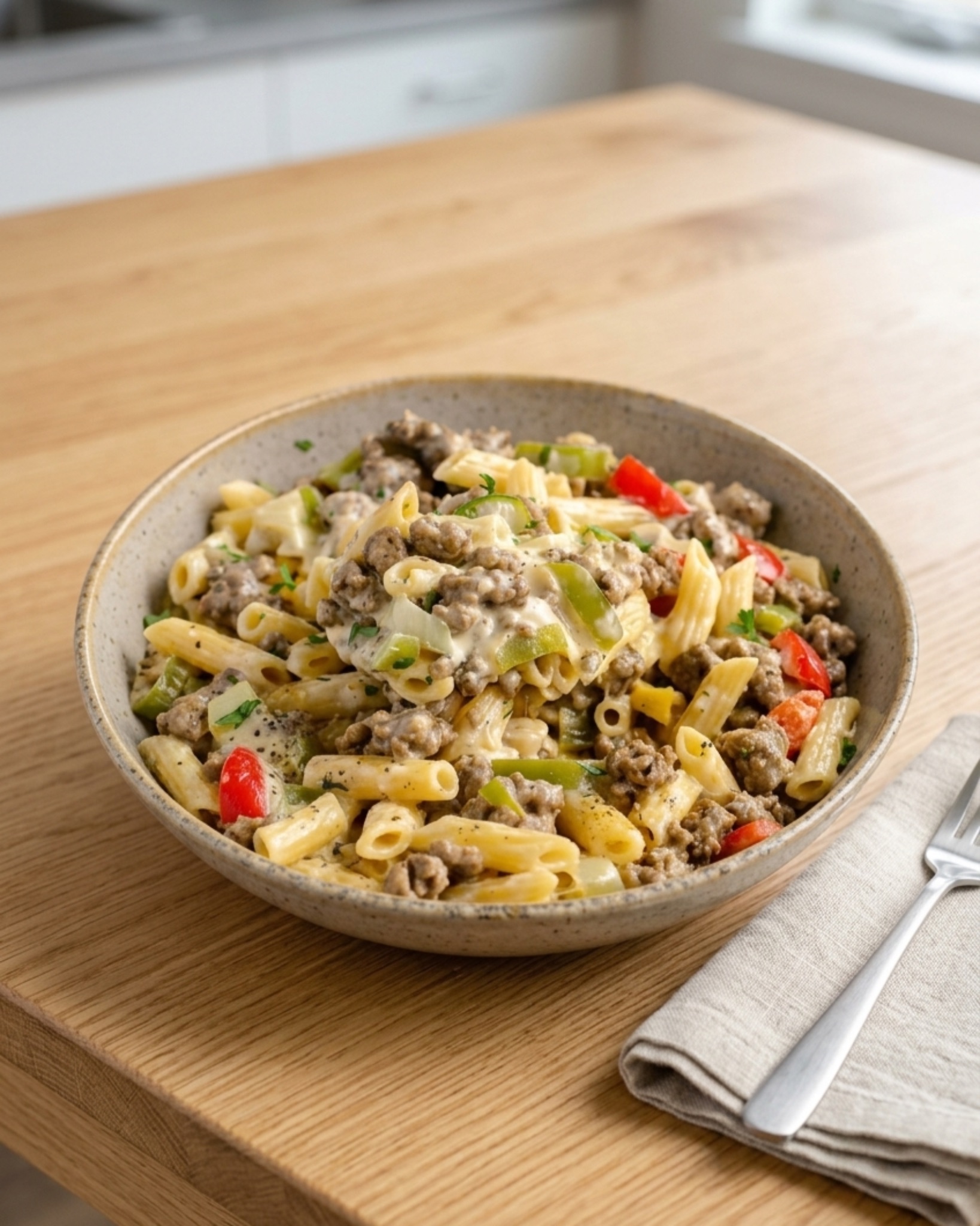 Creamy beef pasta with peppers in a bowl on a wooden kitchen table