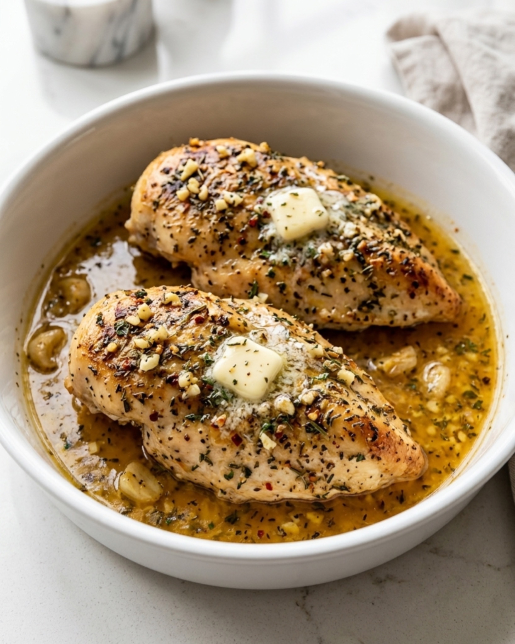 Garlic butter chicken breast in a white baking dish on a kitchen counter