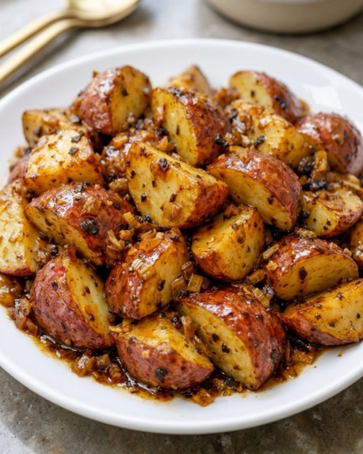 Garlic roasted potatoes in a white bowl on a kitchen counter