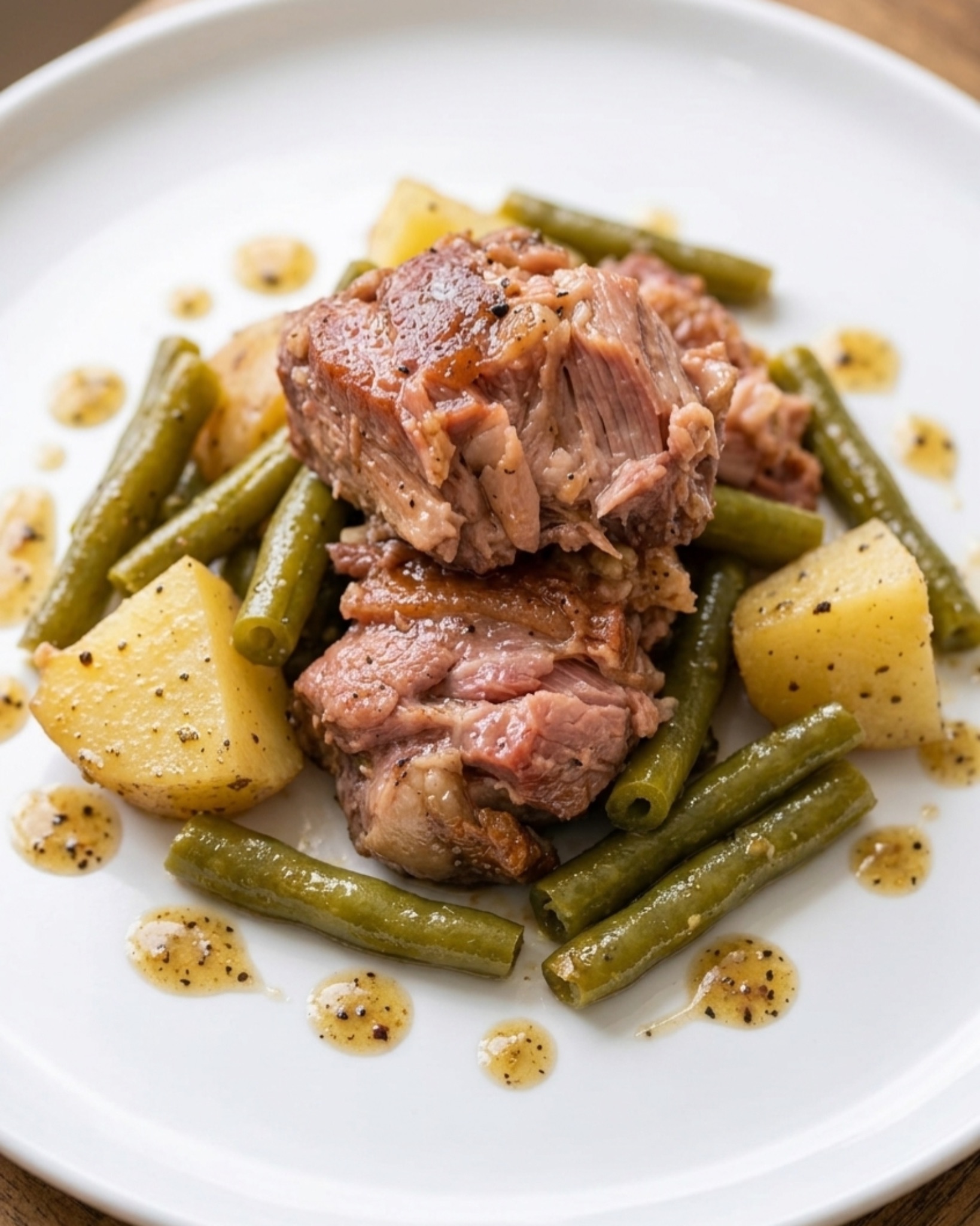 Stacked juicy pork with green beans and potatoes on a white plate with sauce