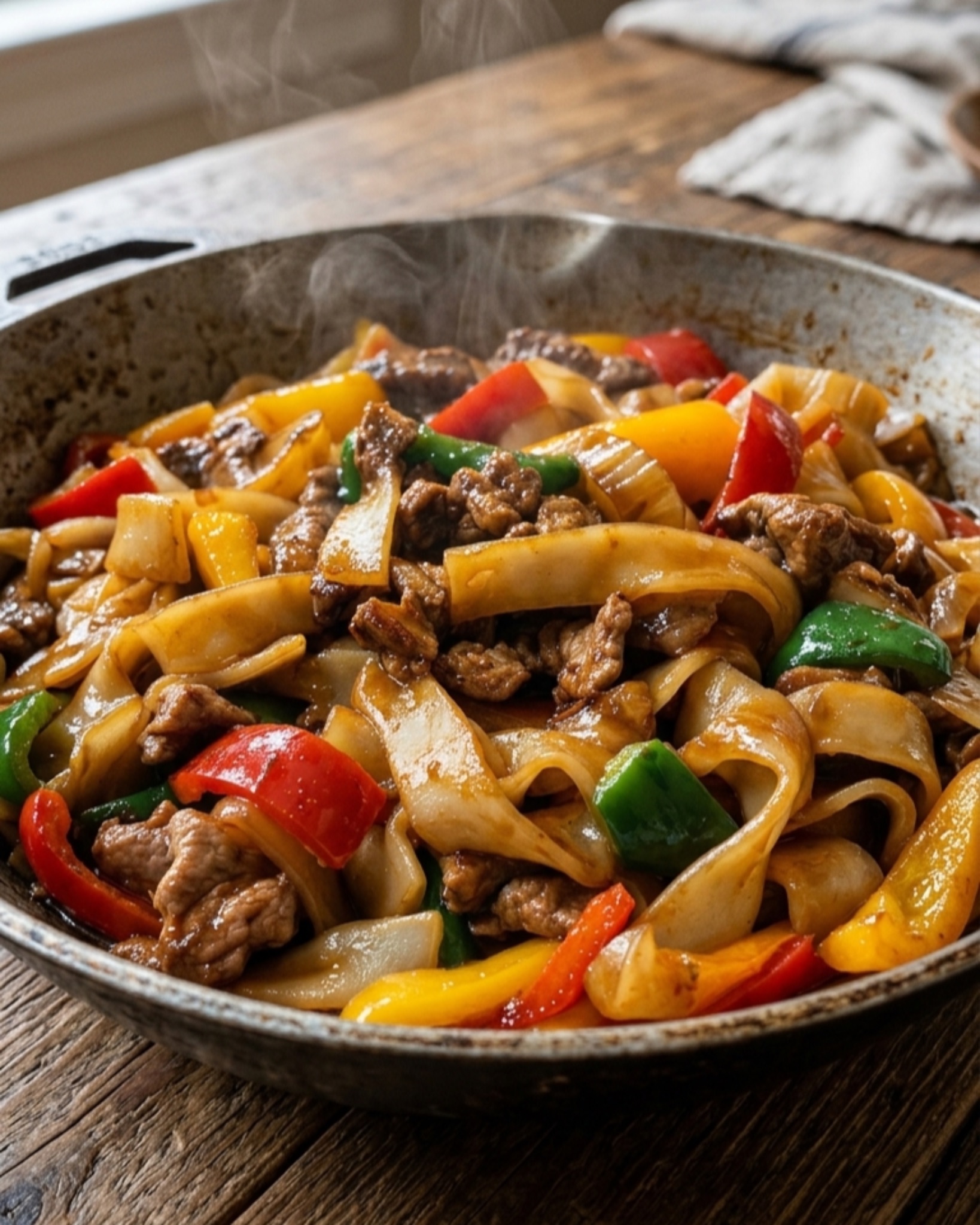 Savory beef stir fry noodles with colorful bell peppers and garlic sauce cooked in a skillet.