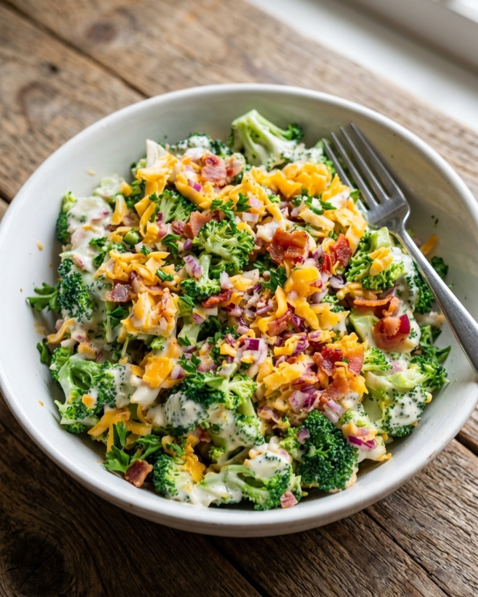 broccoli salad with bacon cheese and creamy dressing in tray before serving